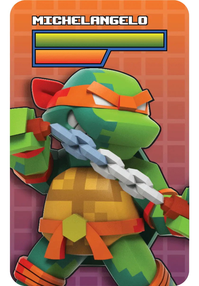 Michelangelo-Figur von Teenage Mutant Ninja Turtles, hält eine Kette, in einem Spielbildschirm.