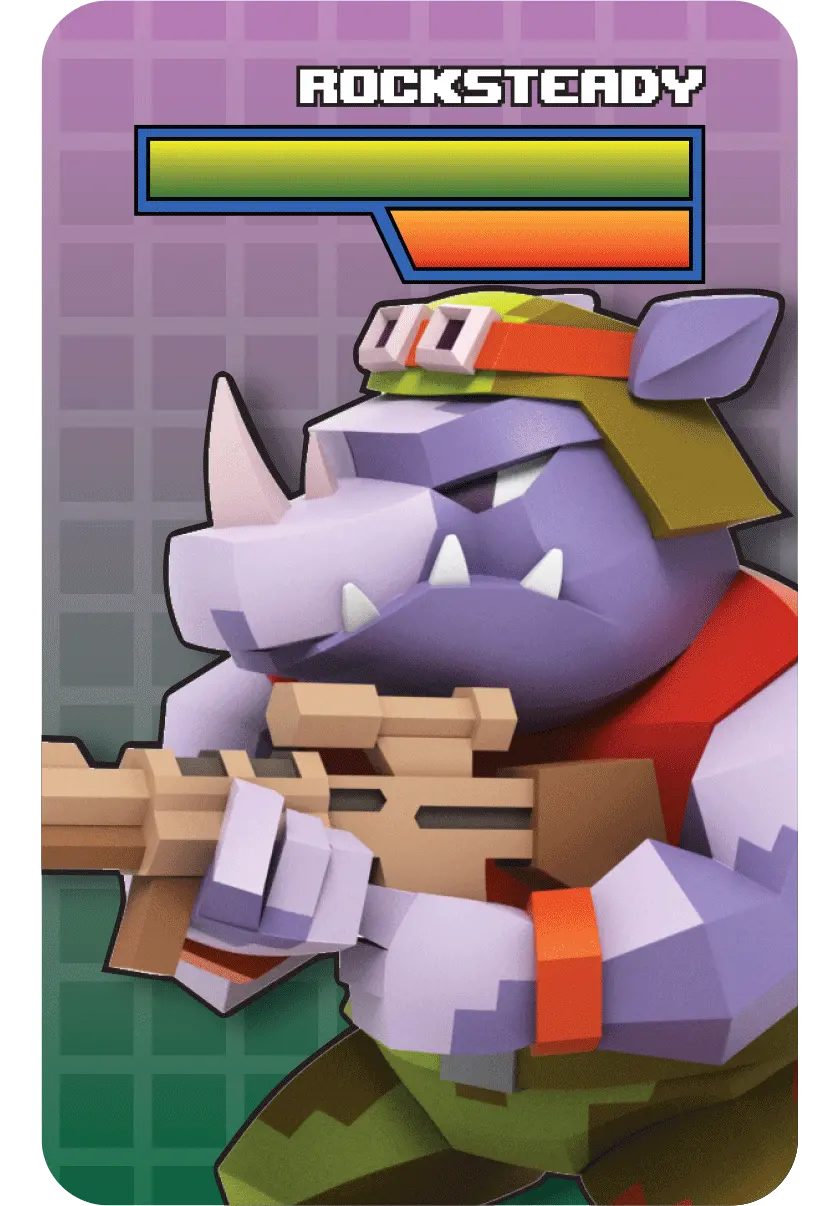 Cartoon-Figur Rocksteady, ein Nashorn, hält eine Waffe. Der Hintergrund ist ein Gitter.