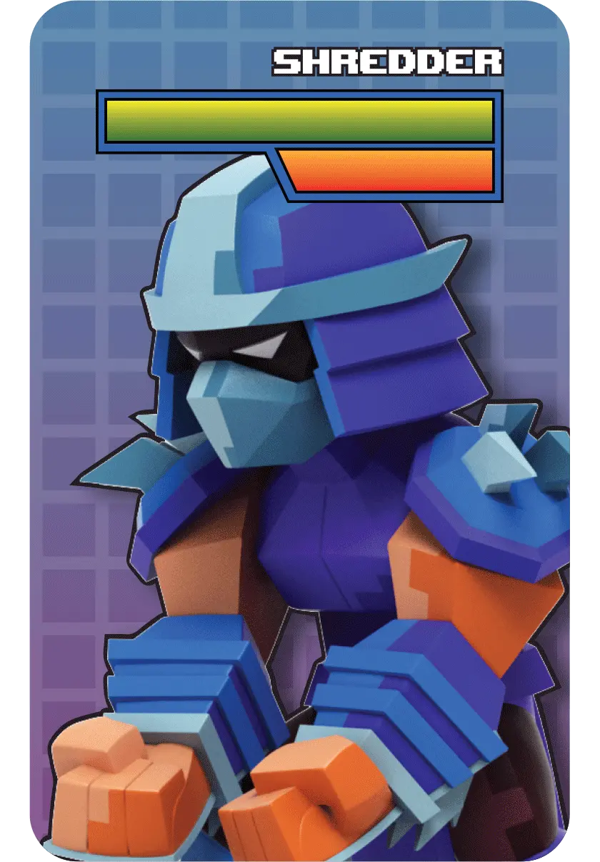 Shredder, eine blau-violette Figur, mit Gesundheitsleiste, vor blauem Hintergrund.