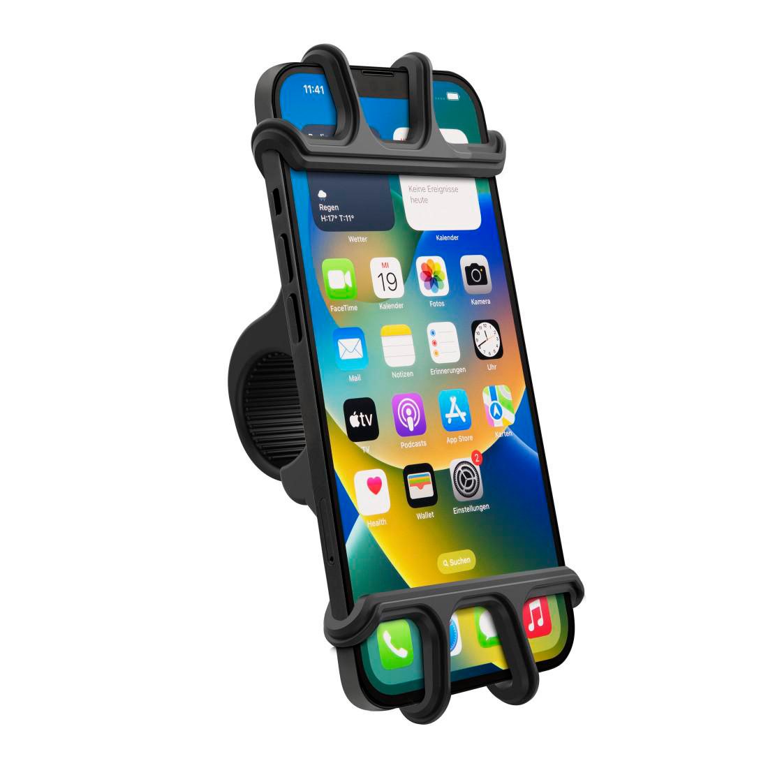 Telefon in schwarzer Halterung, App-Symbole zeigend, mit schwarzer Fahrradhalterung.