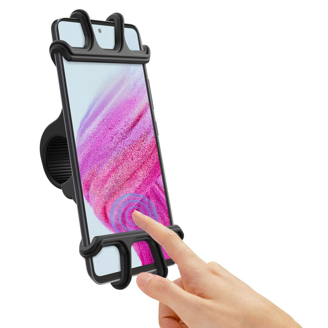 Telefon in Fahrradhalterung gesichert. Hand berührt Bildschirm. Schwarze Halterung, rosa Display.