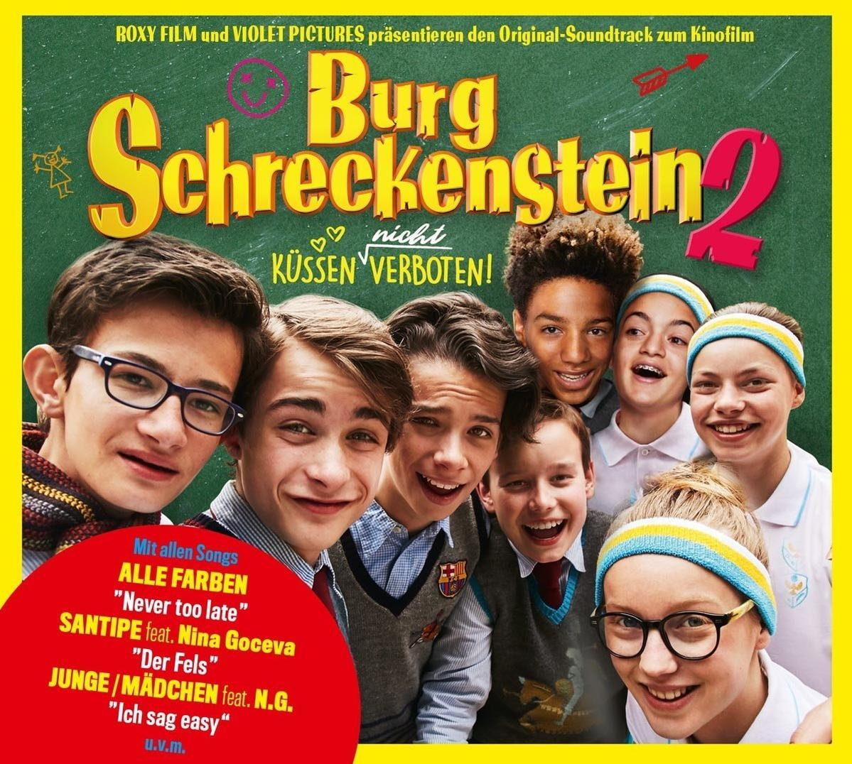 Albumcover für "Burg Schreckenstein 2", Kindergruppe, gelber Hintergrund.