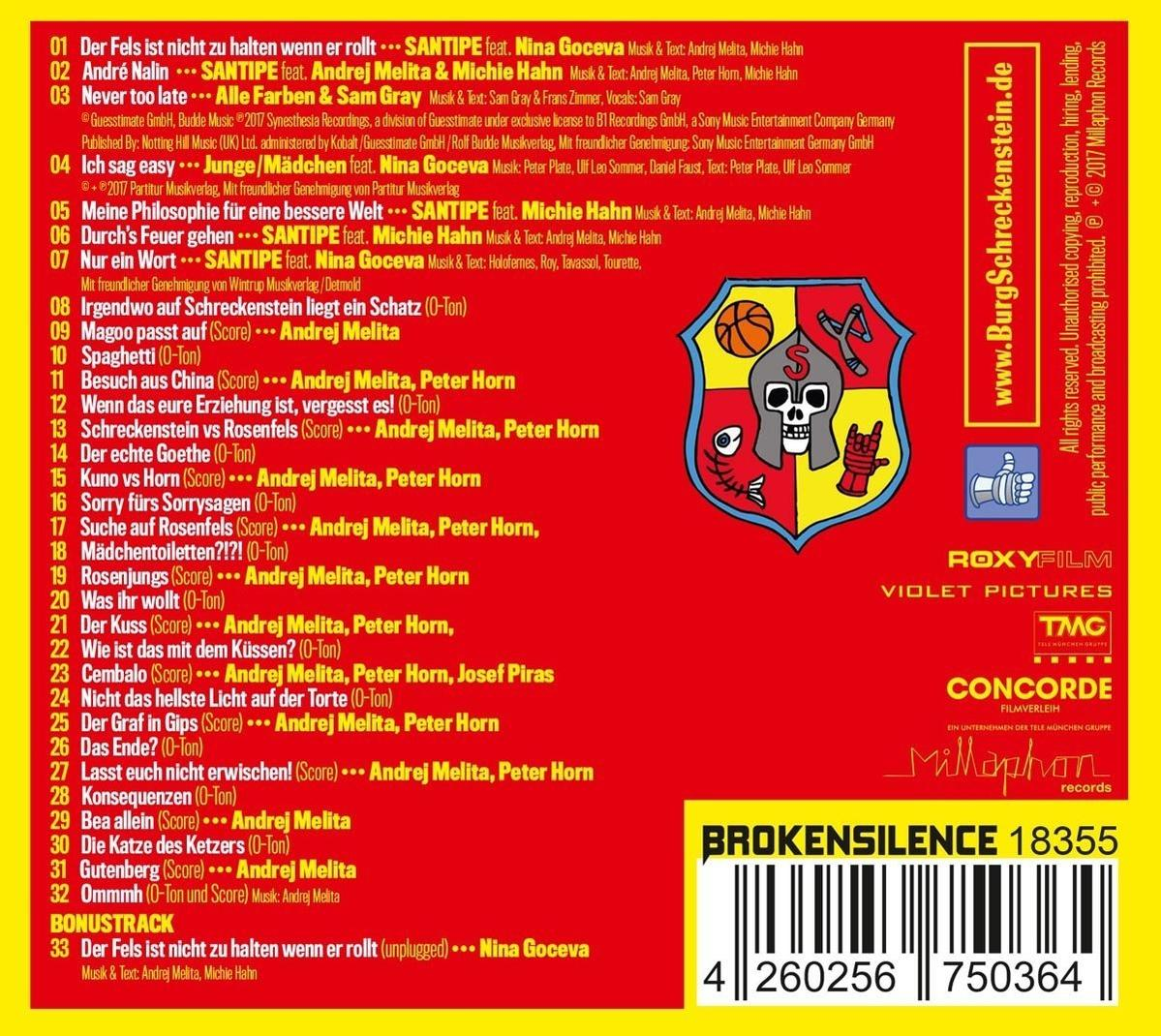 Die Rückseite einer CD-Hülle mit Text und Grafikdesign.