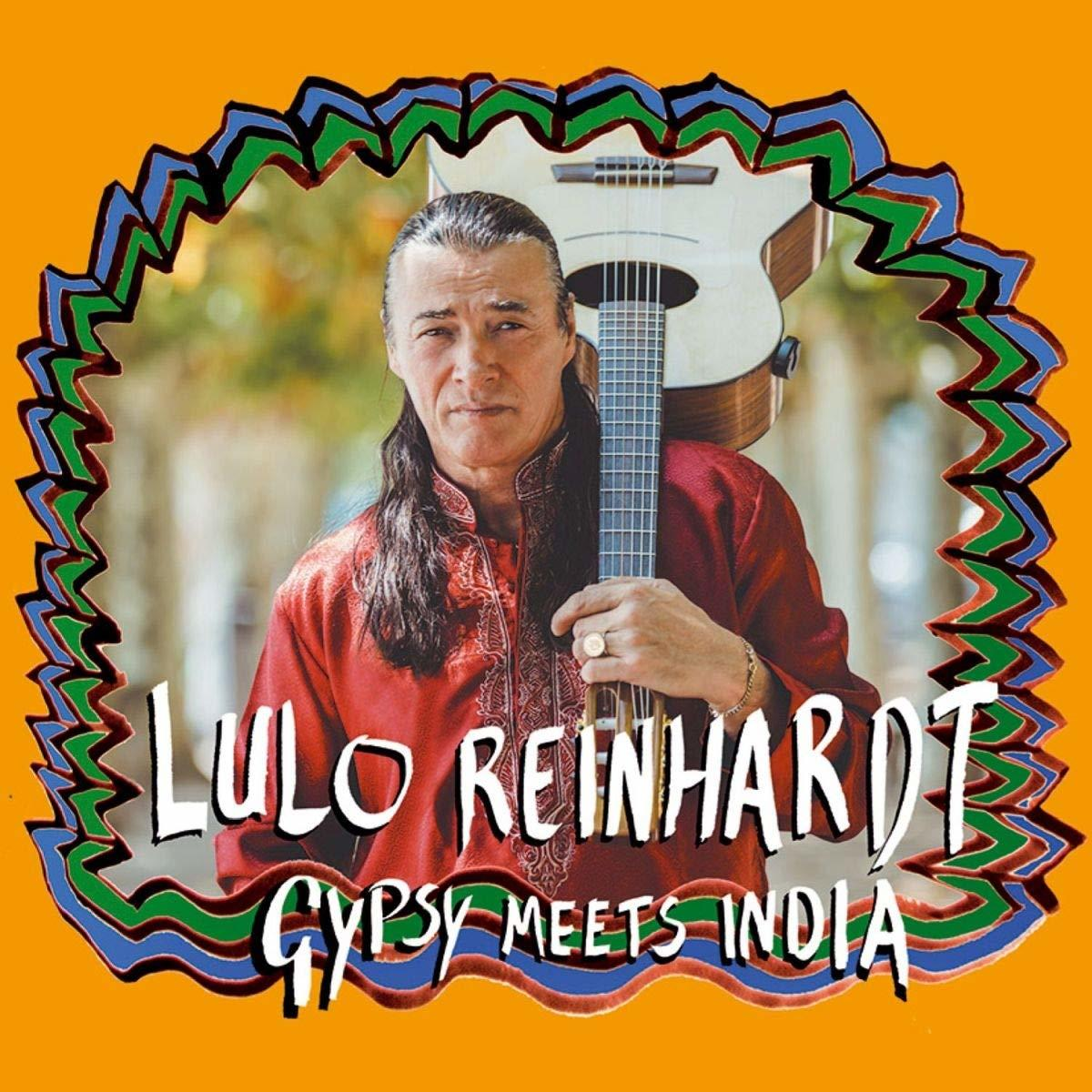 Albumcover mit einem Mann, der eine Gitarre hält. Oranger Rand. Text: Lulo Reinhardt Gypsy Meets India.