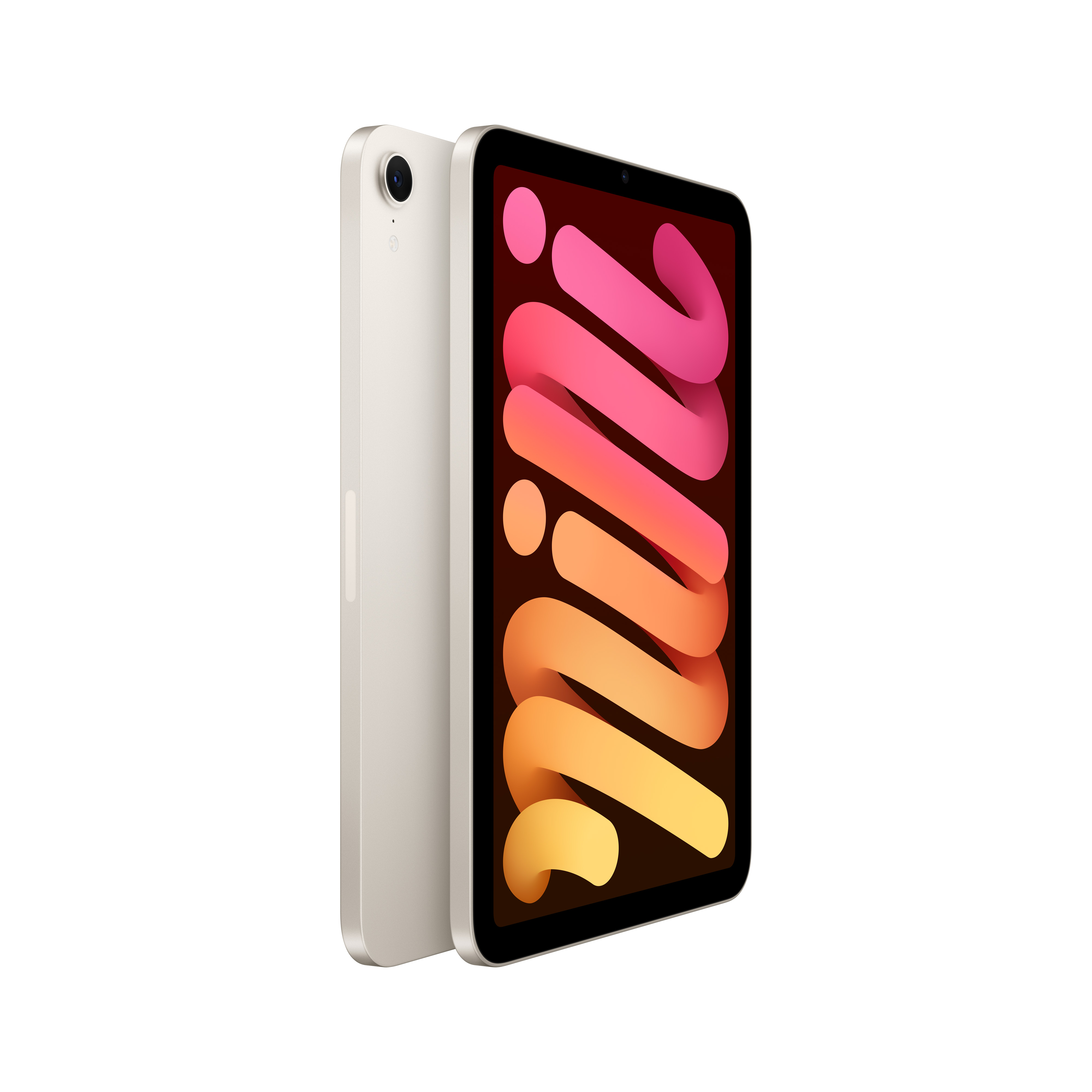 Tablet su sfondo bianco, lato e retro in mostra. Color crema con schermo nero.
