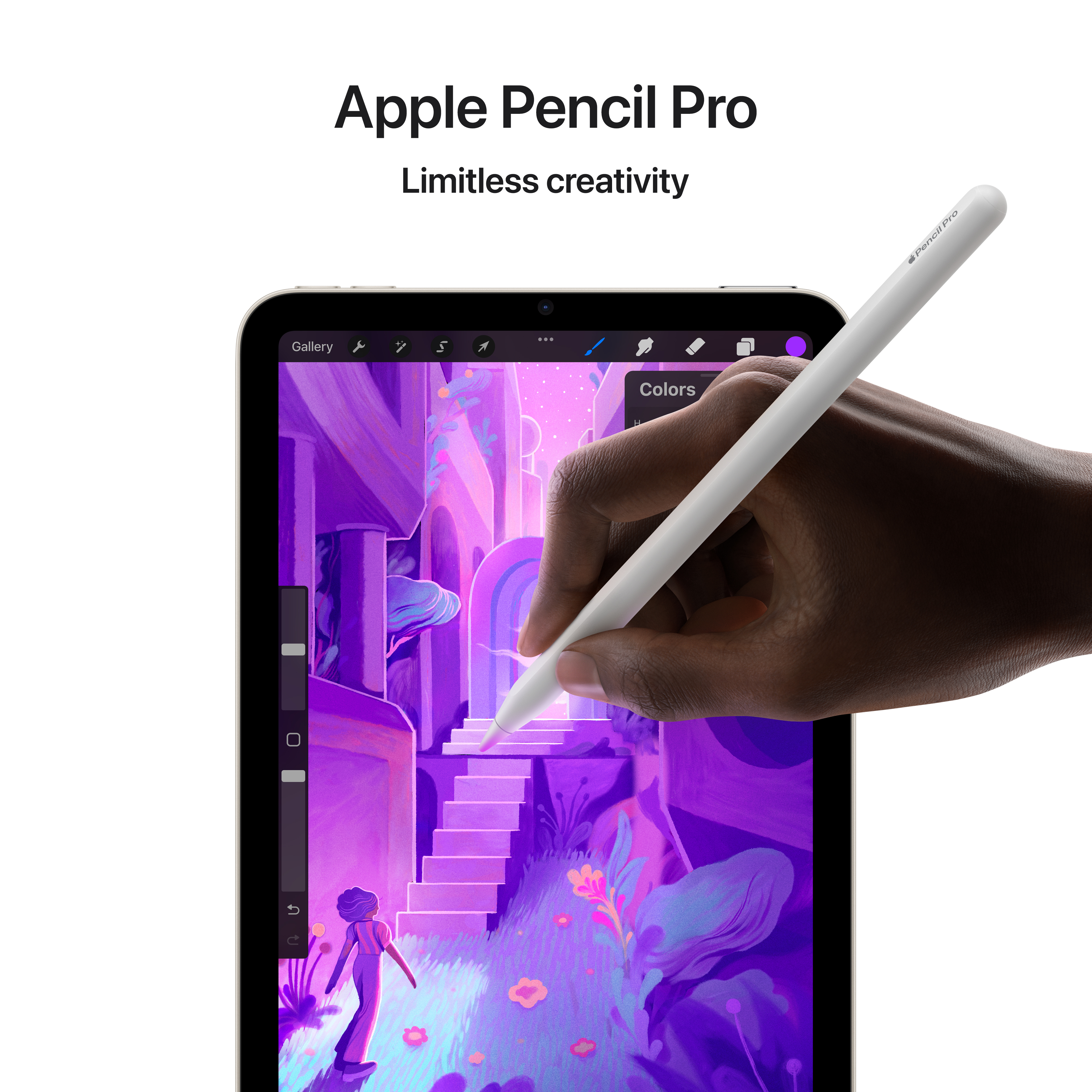 Una mano che usa un Apple Pencil Pro su un tablet, che mostra un'interfaccia di disegno colorata.