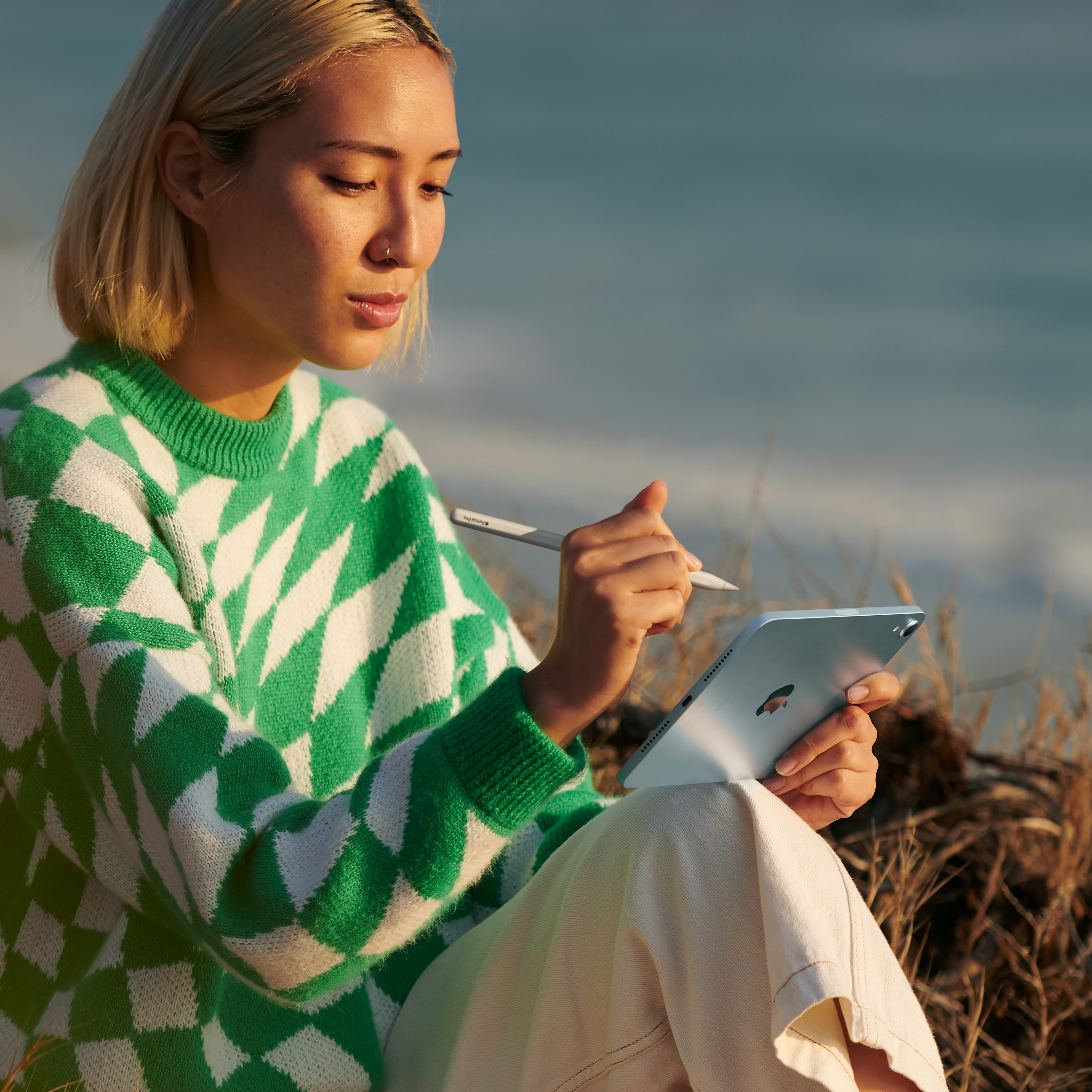 Donna che usa un tablet con una penna, seduta nella natura.