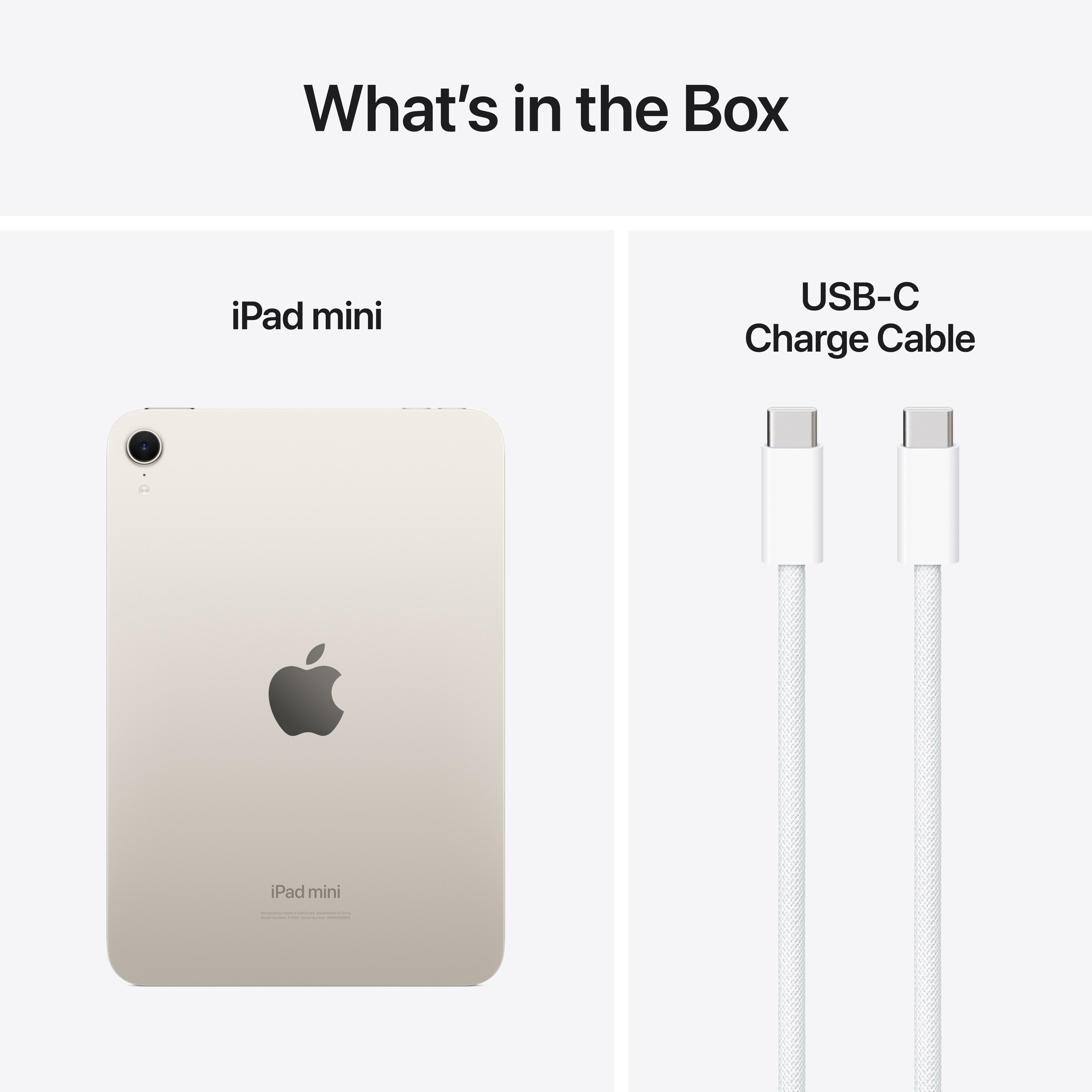 Un iPad mini e un cavo USB-C con il testo 'Cosa c'è nella scatola'.