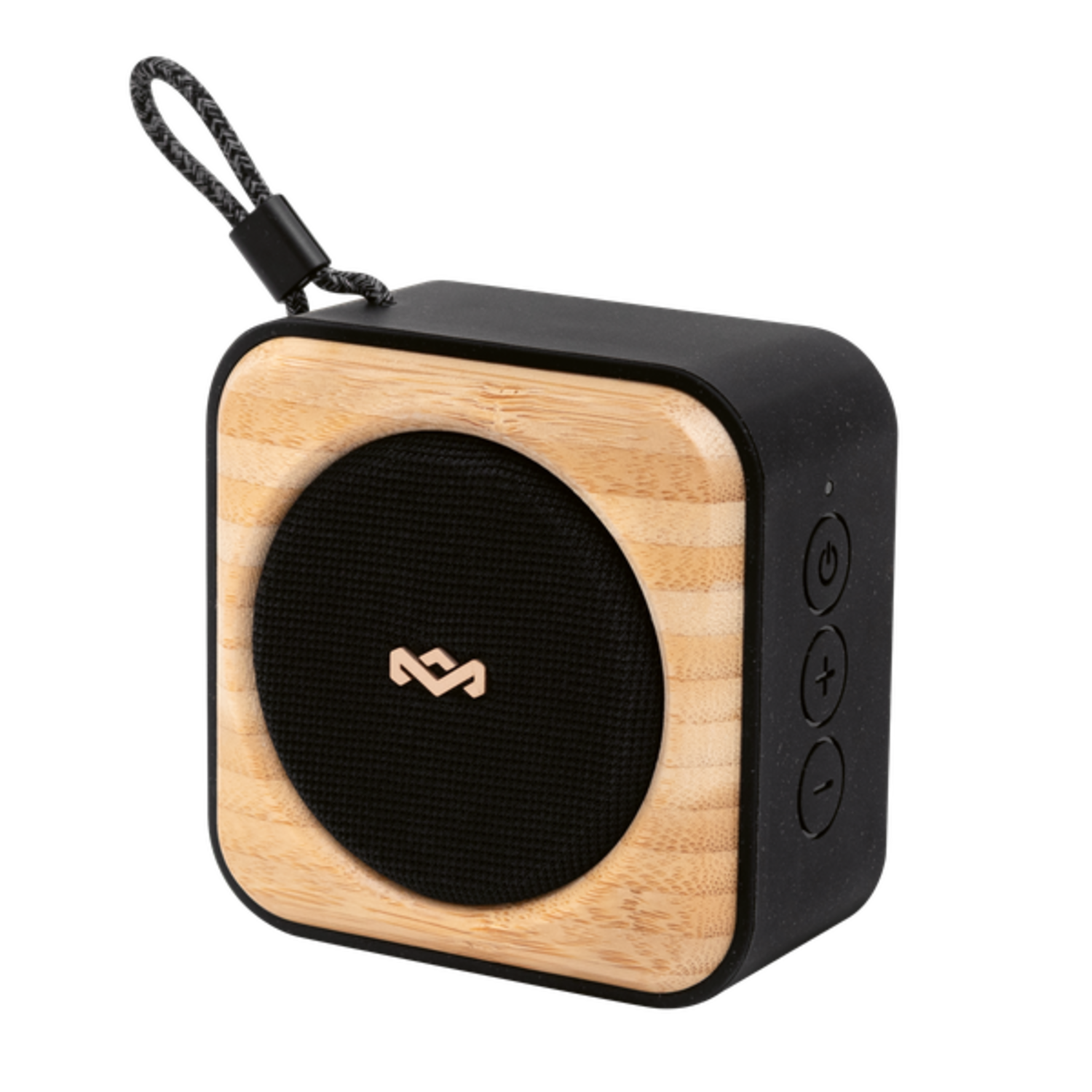 Black and wood-colored speaker on a black background. Has three buttons and a strap.