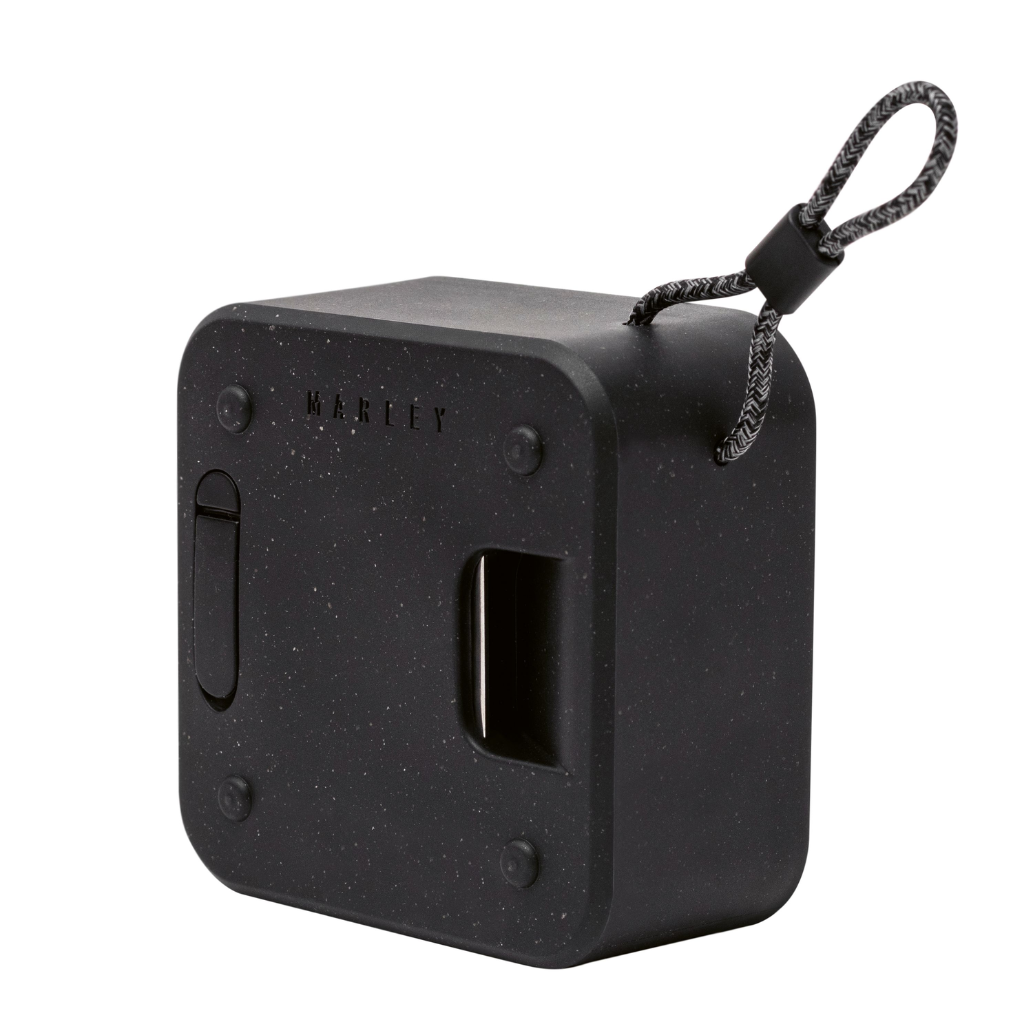 Black cube speaker, with a handle at the top. The Marley brand is visible.