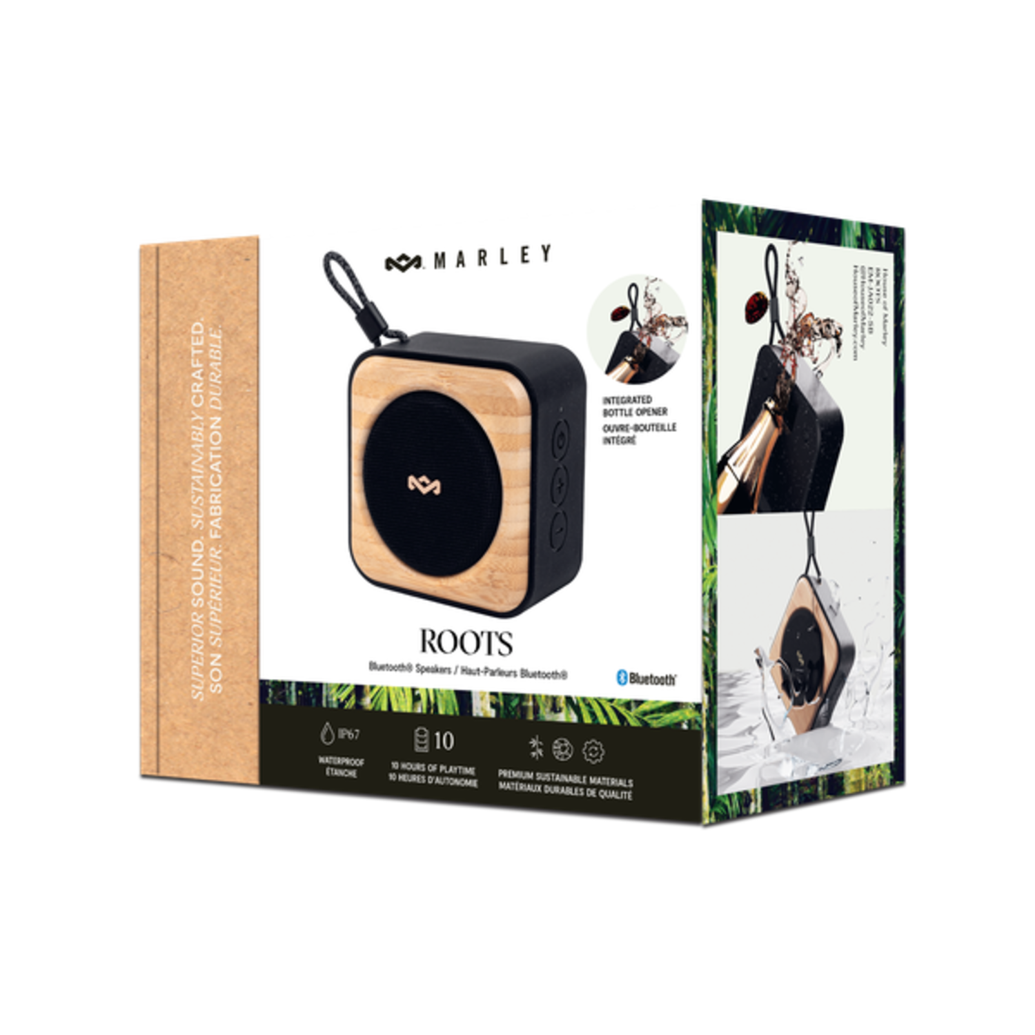 Marley Roots Bluetooth speaker box with wood finish, black speaker, and water splash image.