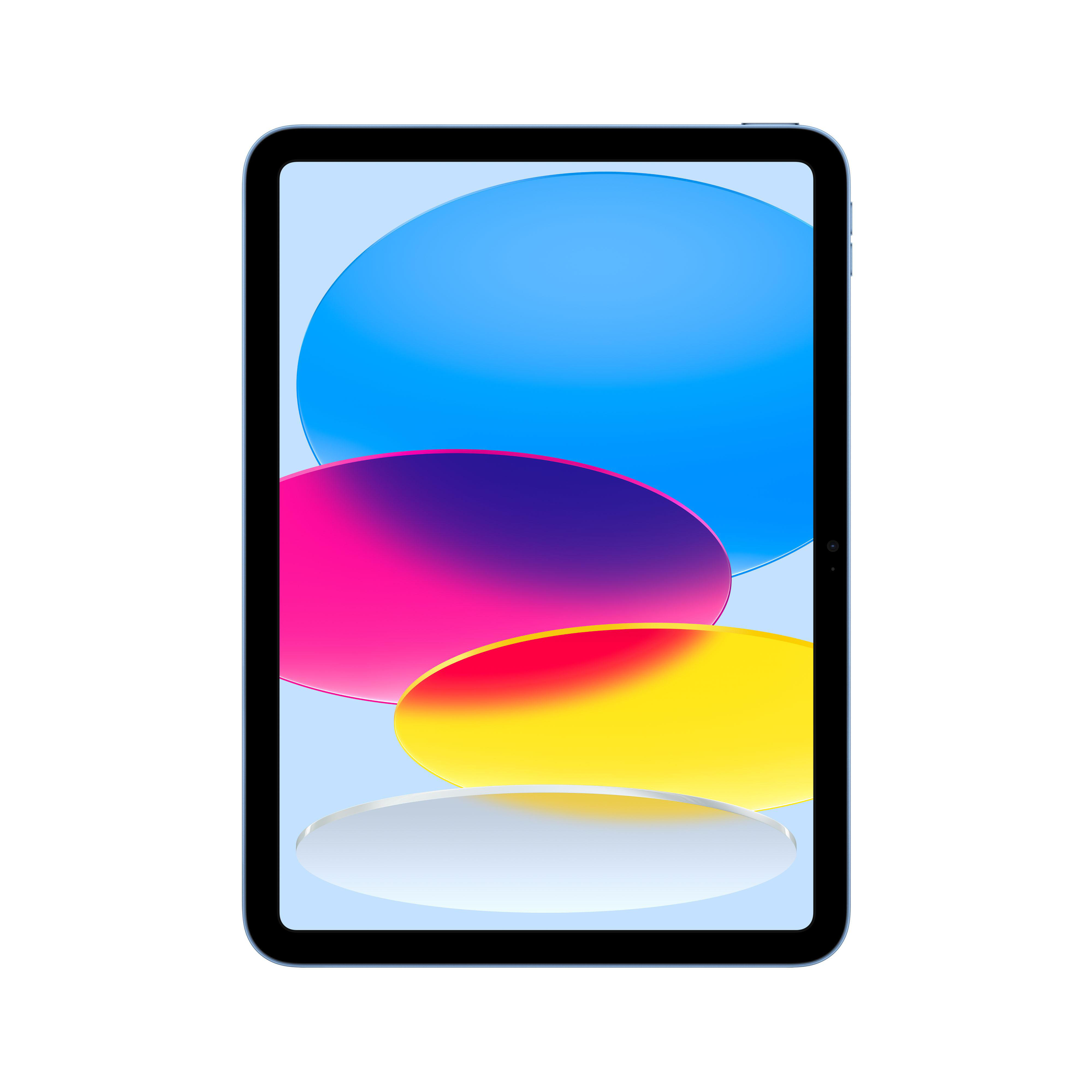 Blaues iPad mit farbenfroher Bildschirmanzeige. Die Anzeige zeigt rosa, violette, gelbe Farbverläufe.