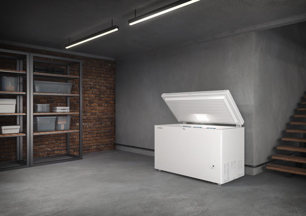Eine weiße Truhen-Gefriertruhe ist in einer Garage geöffnet, mit einer Ziegelmauer und Regalen sichtbar.
