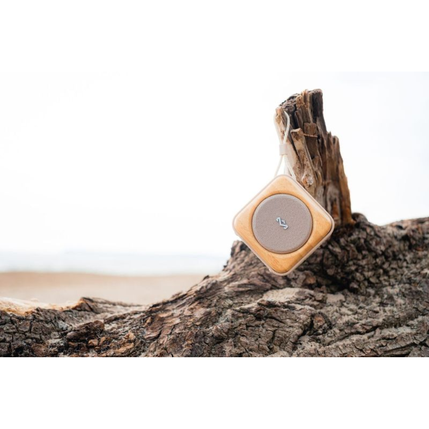 Een kleine, houten luidspreker met stoffen voorkant hangend aan een boomstam op een strand.