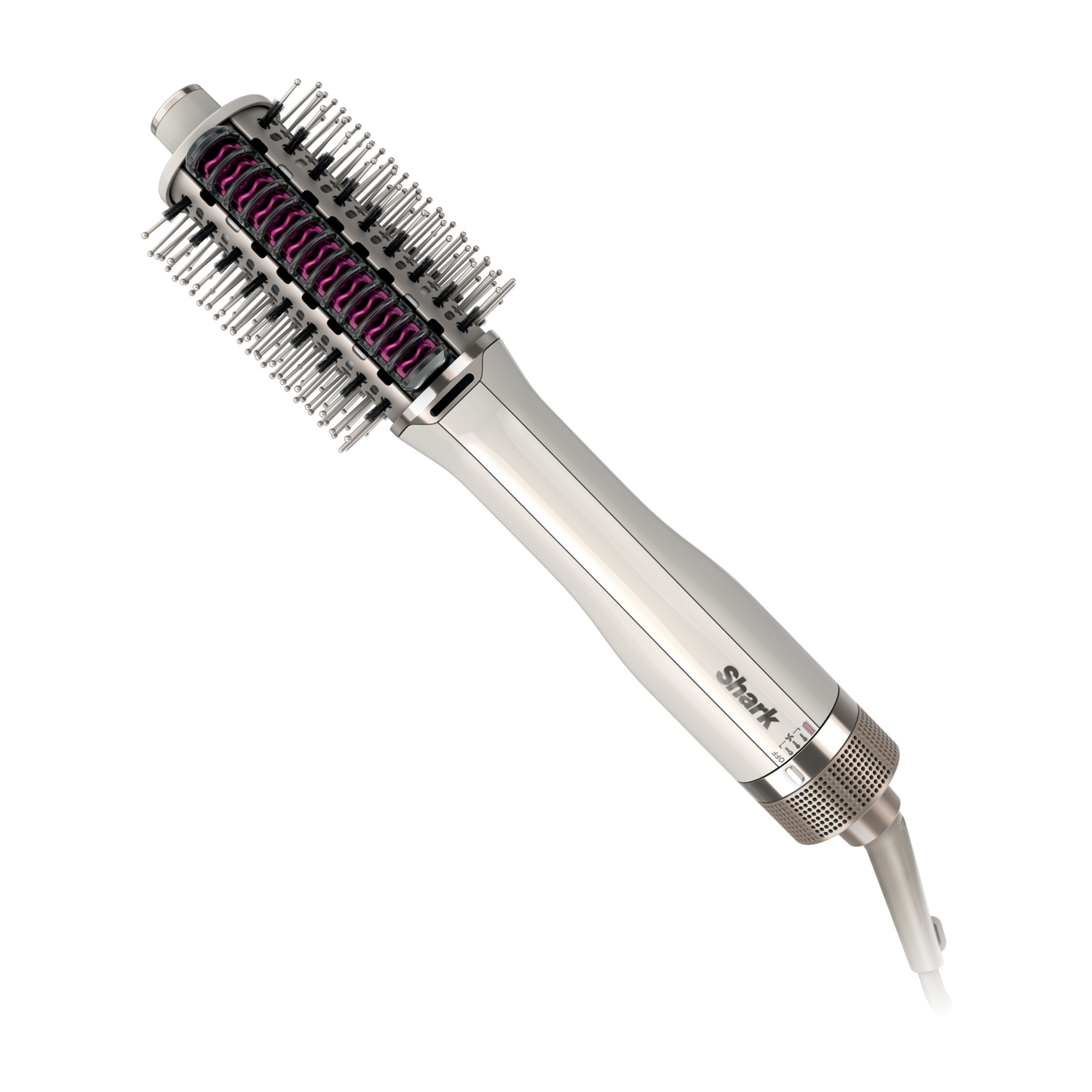 Una spazzola per lo styling dei capelli argento e viola su sfondo bianco.
