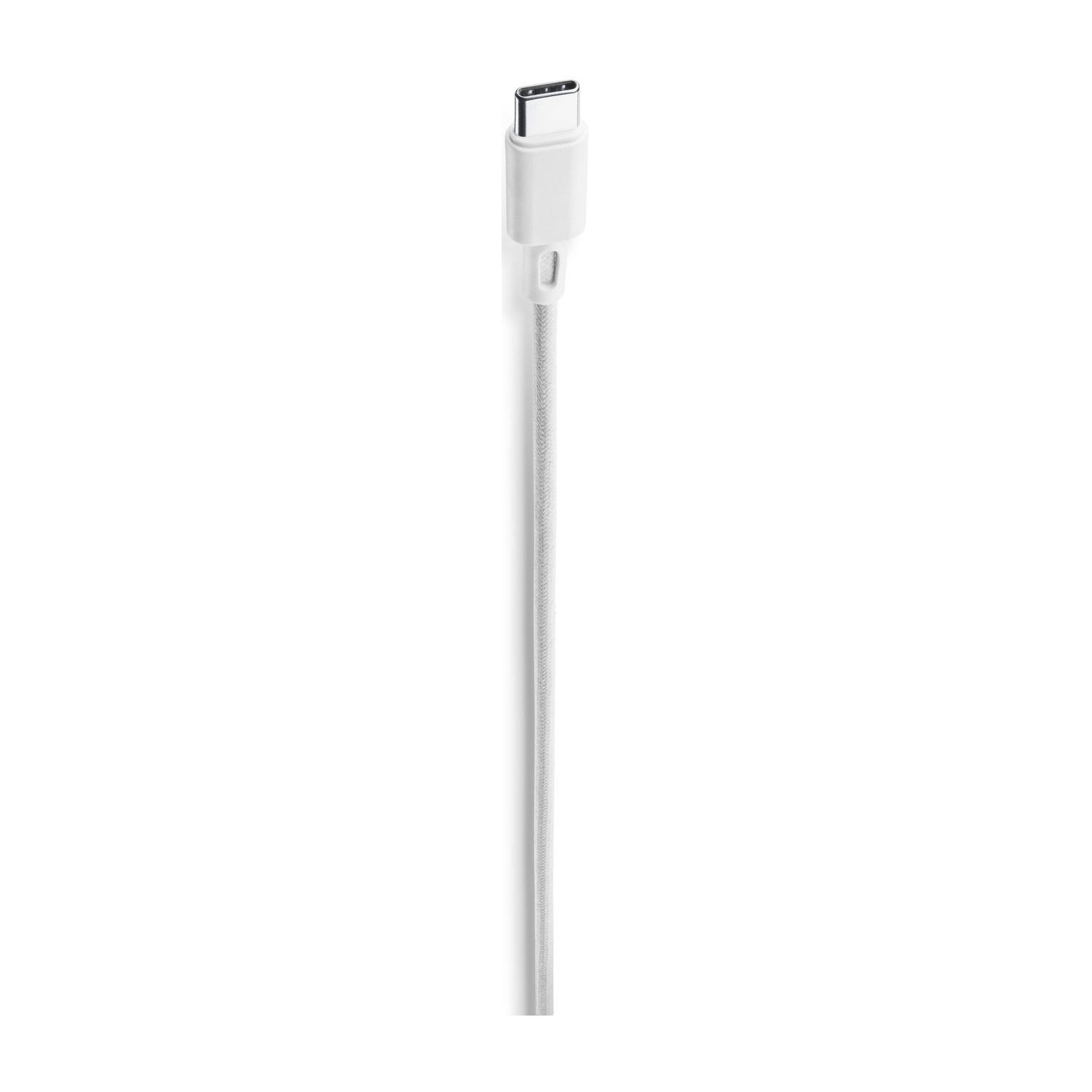 Un cavo USB-C bianco su sfondo bianco.