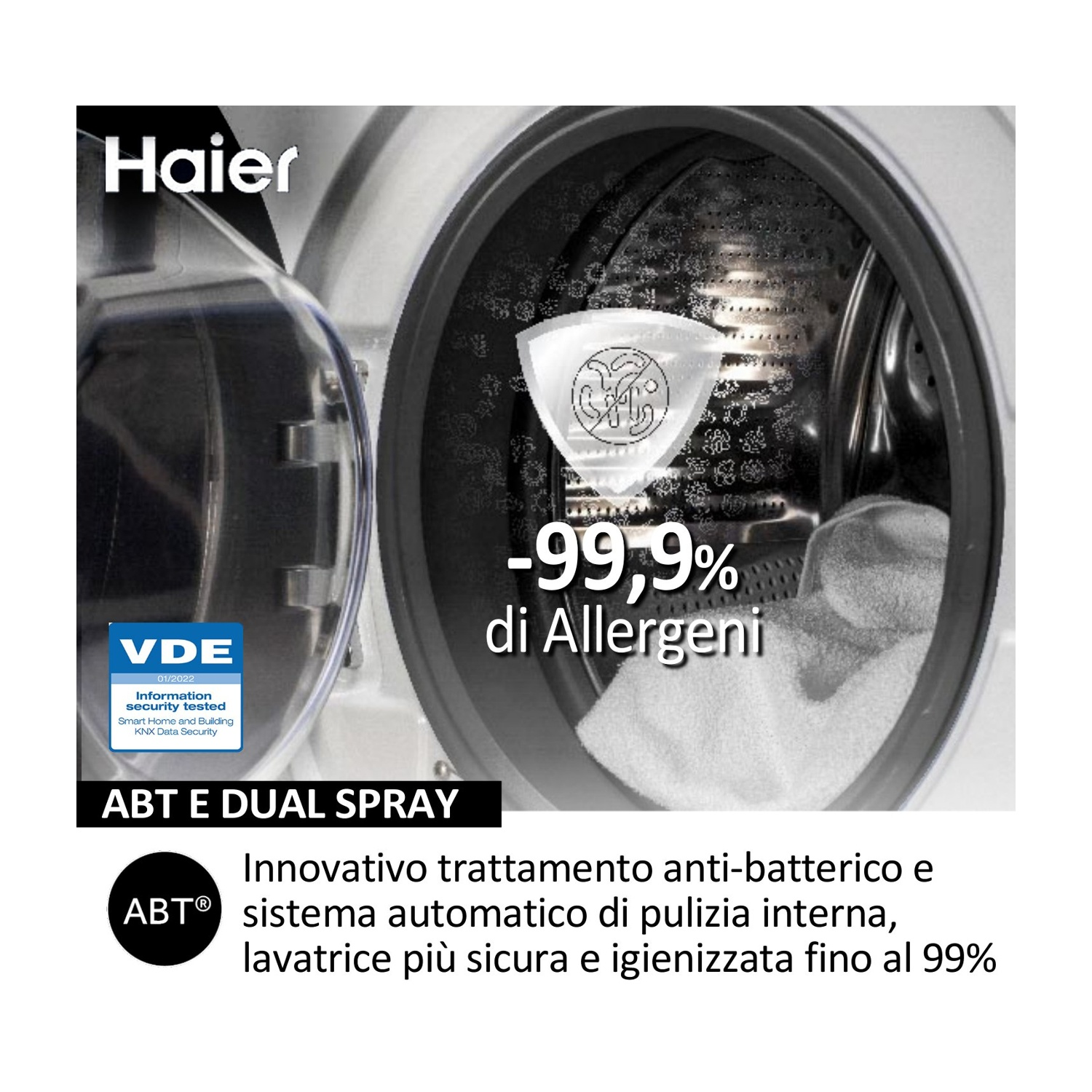 Una lavatrice con una chiara visualizzazione dell'interno. Il testo dice trattamento antibatterico.