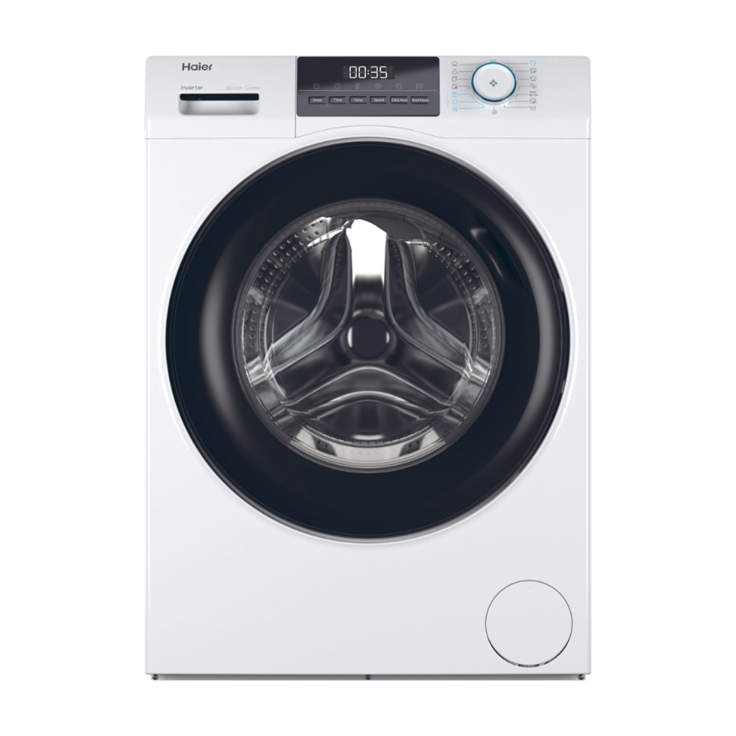 Lavatrice Haier bianca. Ha una porta nera e un pannello di controllo in alto.