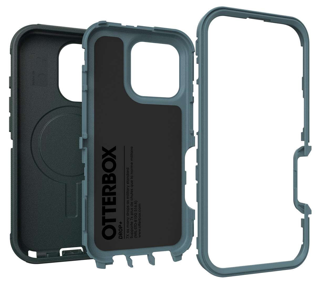 Szétszerelt telefontok. Kék és fekete, az Otterbox márka szövegével.