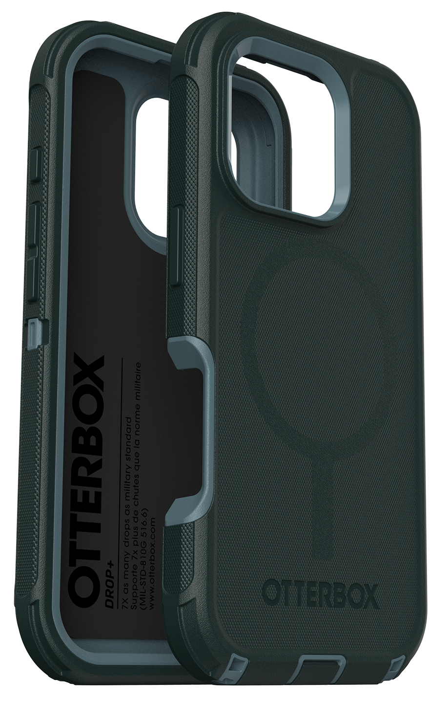 Sötétzöld telefontok, Otterbox logóval. A tok nyitott, fekete belsőt mutat.
