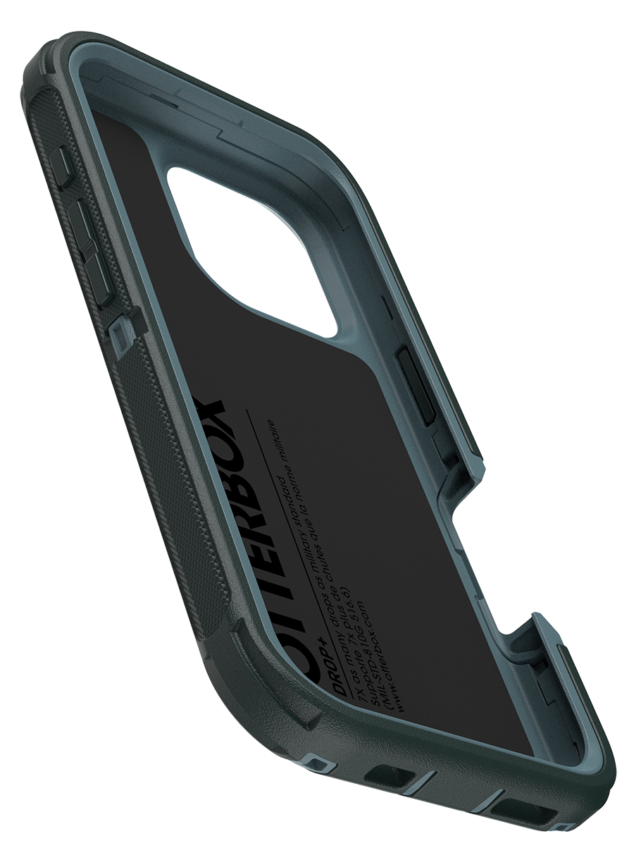 Sötétszürke Otterbox telefontok, szögletes nézet. A tok texturált mintával és az Otterbox logóval rendelkezik.