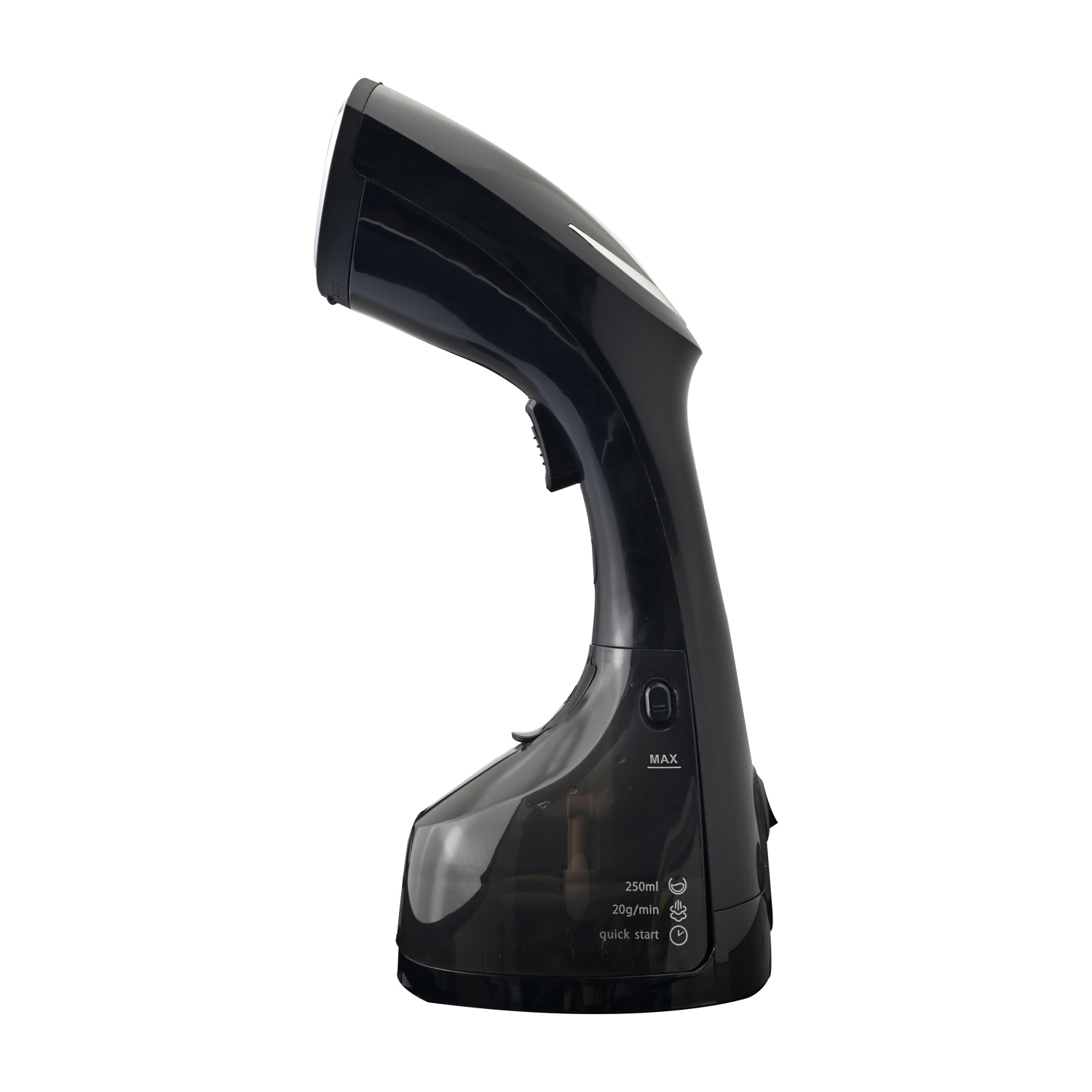 Uno steamer per indumenti portatile nero su sfondo bianco, con livello acqua e dettagli avvio rapido.