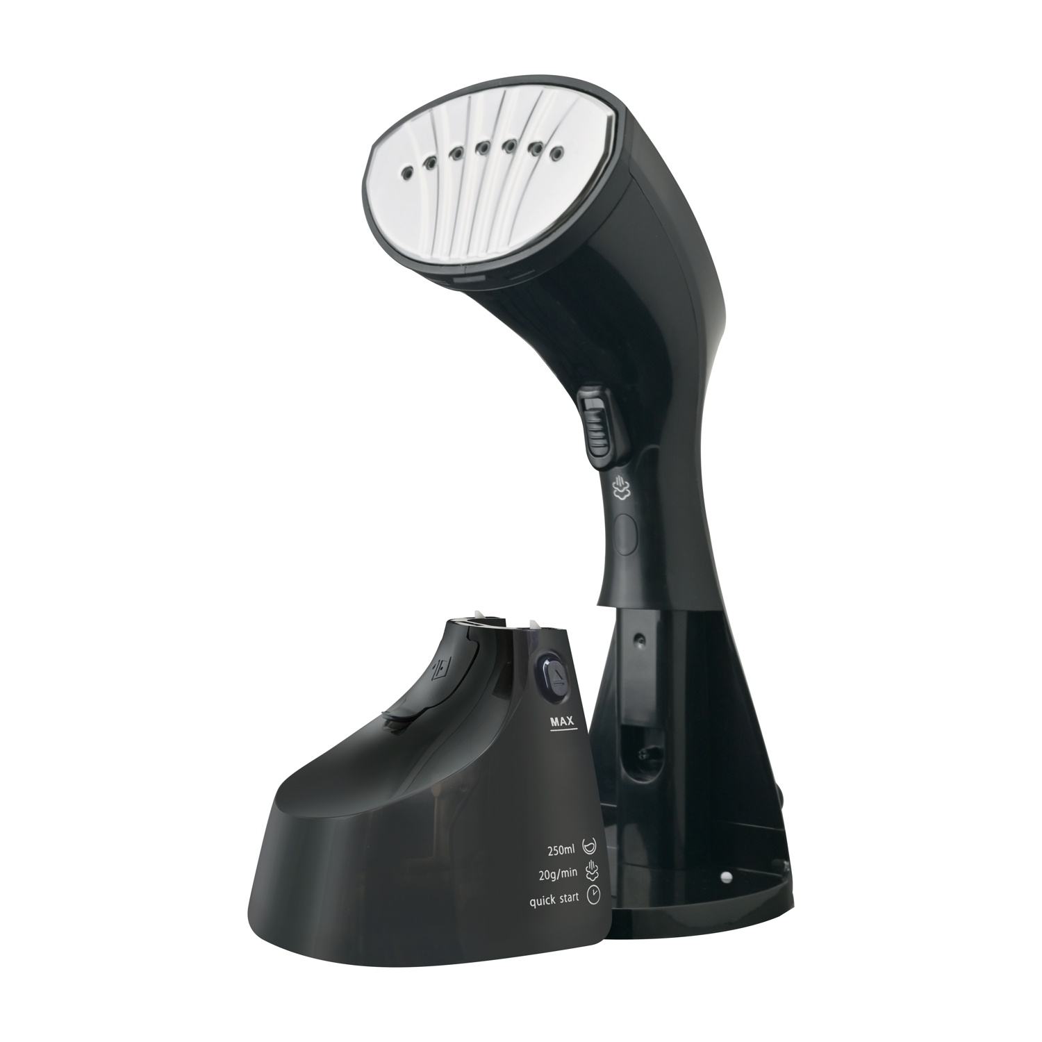 Vaporizzatore per indumenti portatile nero con serbatoio acqua staccato.