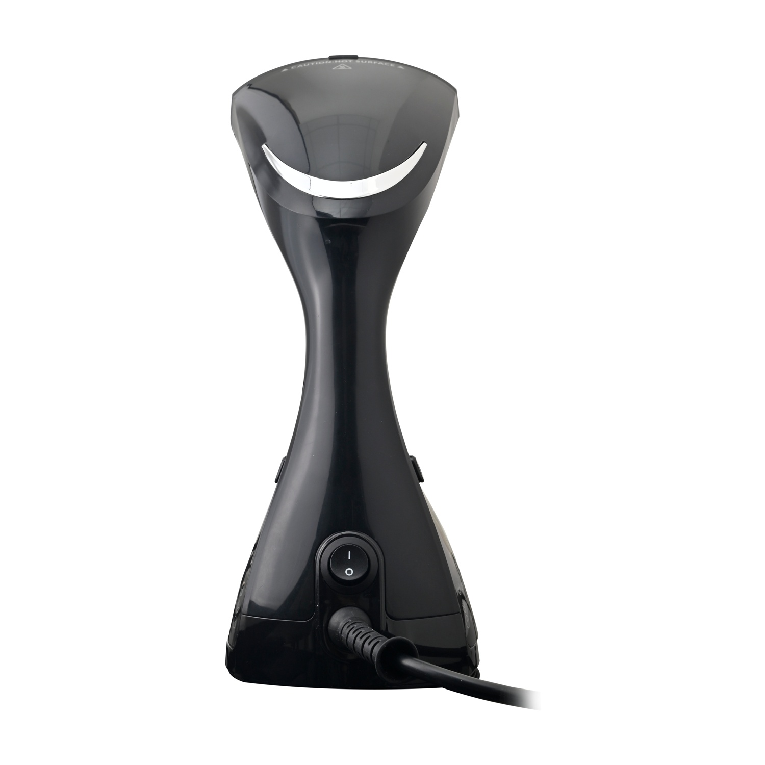 Vaporizzatore per abiti nero con design a faccina sorridente su sfondo bianco.