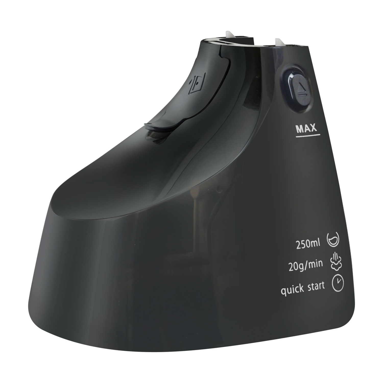 Base in plastica nera angolata con etichette: MAX, 250ml, 20g/min, avvio rapido.