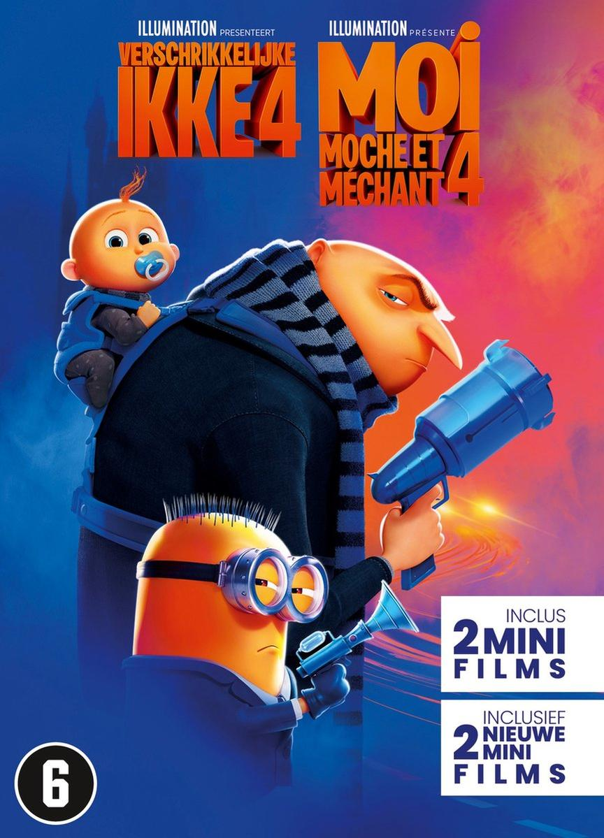 Despicable Me 4 movie cover with Gru, a minion, and a baby minion. Text in various languages.