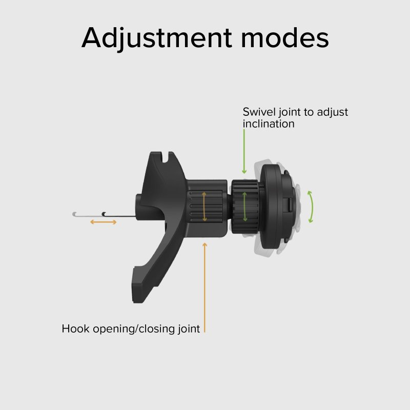 Diagramm, das die Einstellmodi für eine Autotelefonhalterung mit Pfeilen und Beschriftungen zeigt.