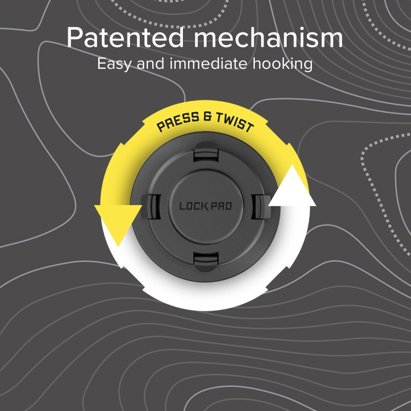 Schwarz-weiße Grafik, die einen Mechanismus mit Pfeilen und dem Text 'PRESS & TWIST', 'LOCK PAD' zeigt.