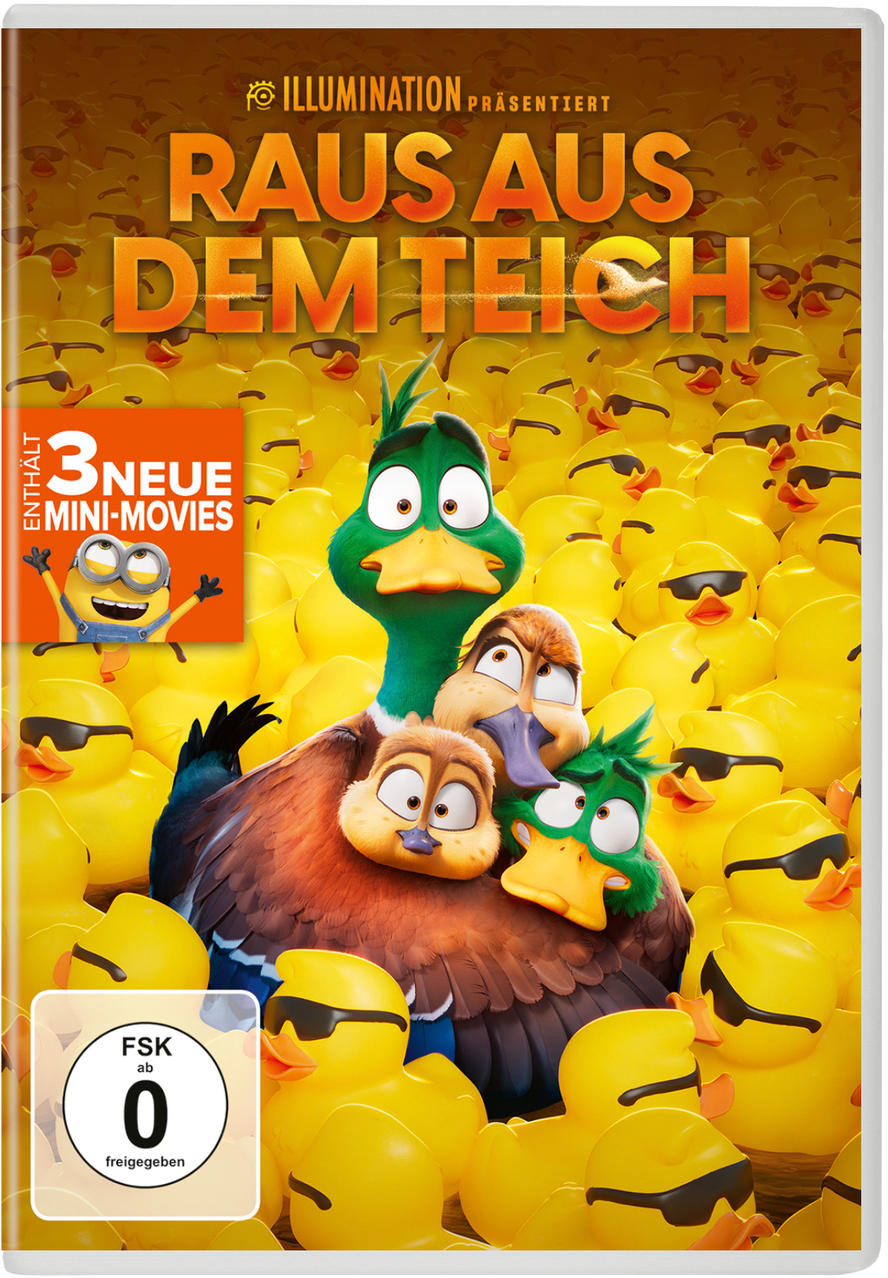 DVD-Cover für "Raus aus dem Teich" mit Entenfiguren vor gelbem Quietscheentchen-Hintergrund.