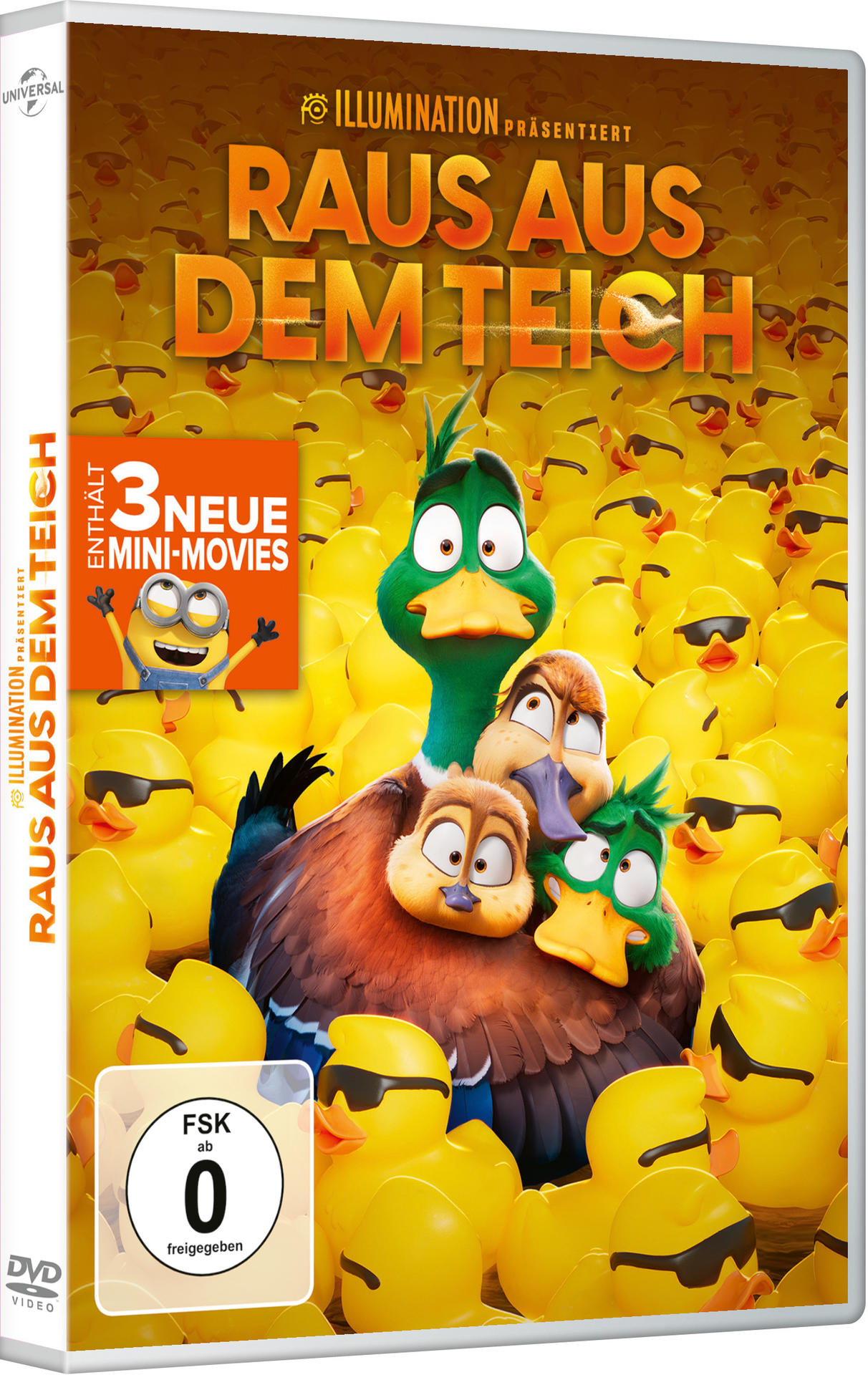 DVD-Cover des Films 'Raus aus dem Teich'. Enten auf gelbem Hintergrund. Auch eine Minion-Figur ist enthalten.
