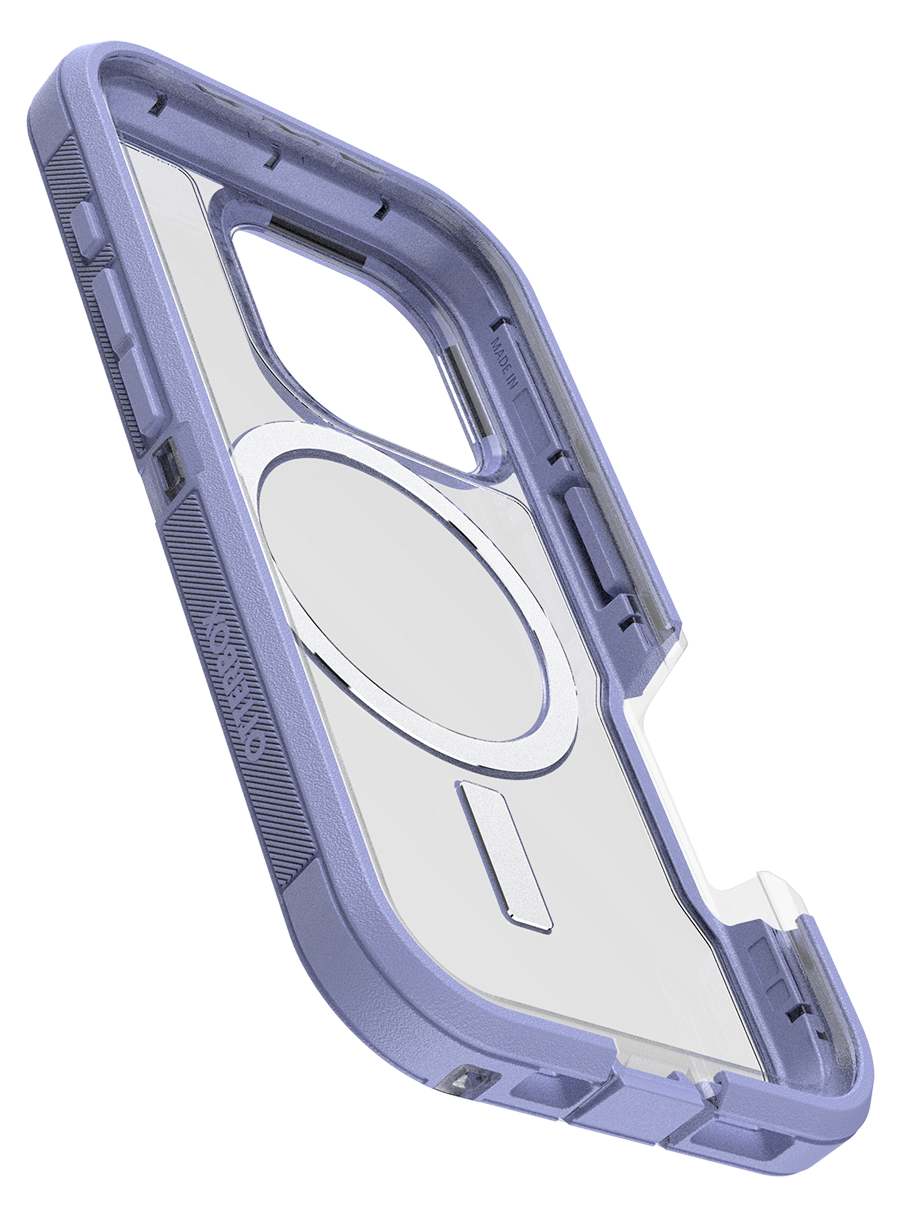 Átlátszó telefontok lila kerettel, amely egy MagSafe gyűrűt mutat.