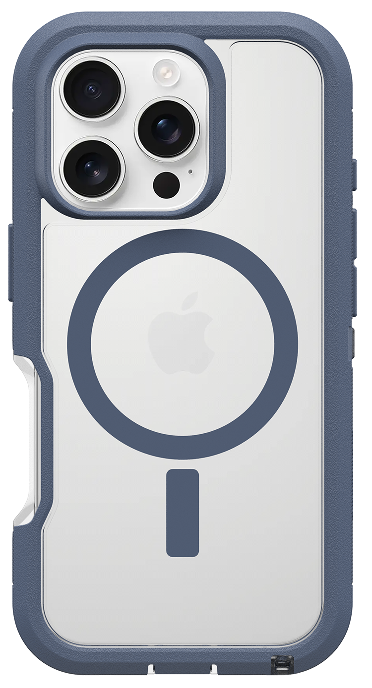 Telefontok kék kerettel és átlátszó hátlappal, Apple logóval és mágnesgyűrűvel.