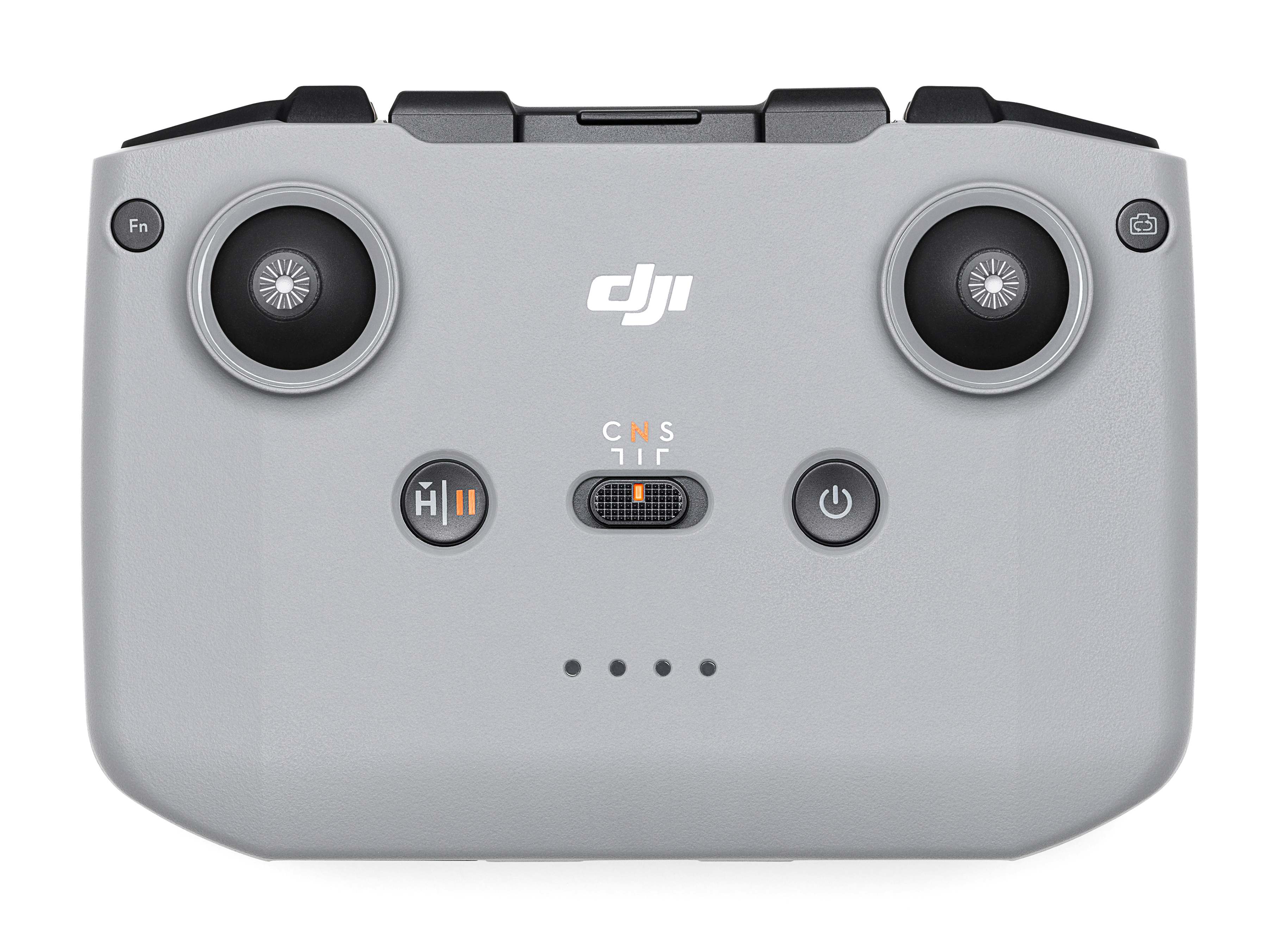 Kontroler drona DJI, jasnoszary, z przyciskami, pokrętłami i przełącznikiem trybów, na białym tle.
