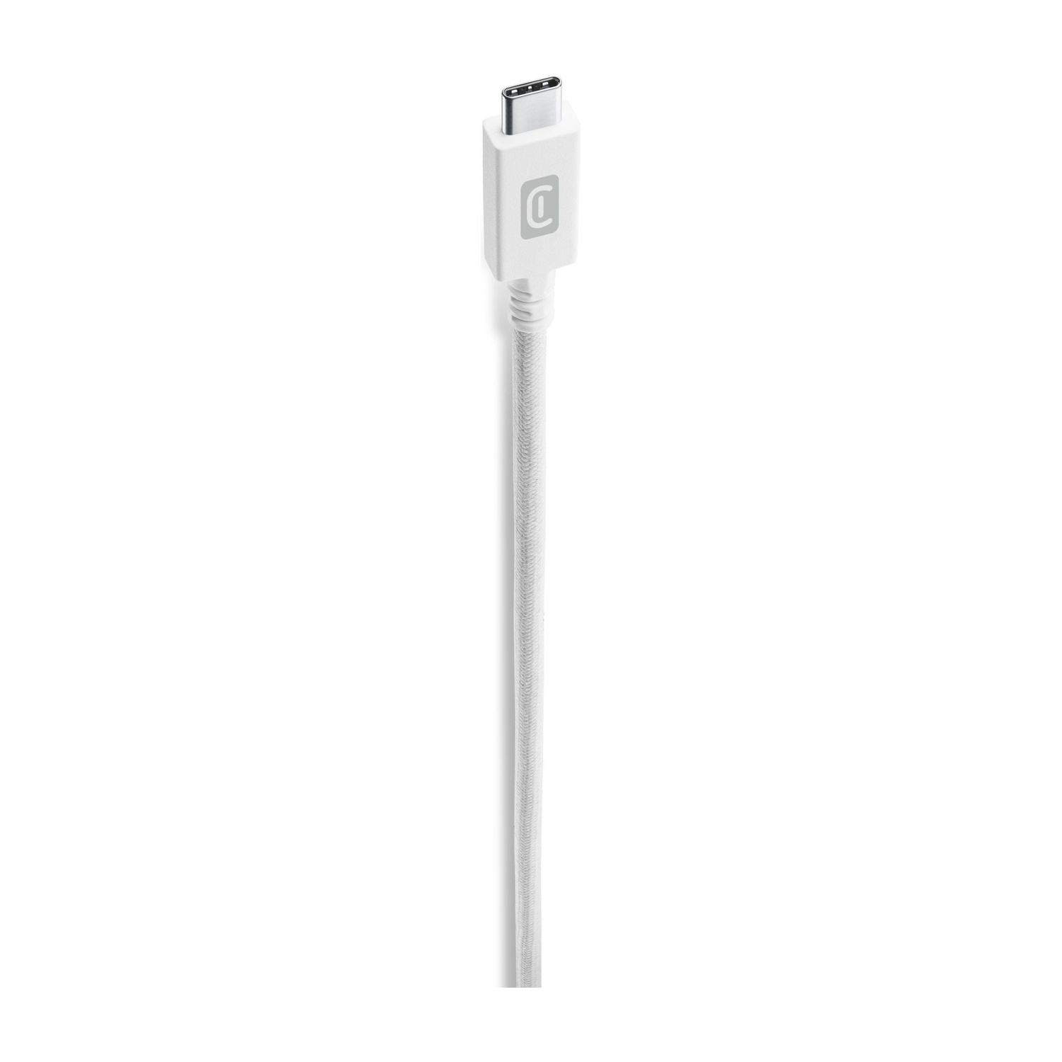 Cavo USB-C bianco su sfondo bianco, con il logo sul connettore.