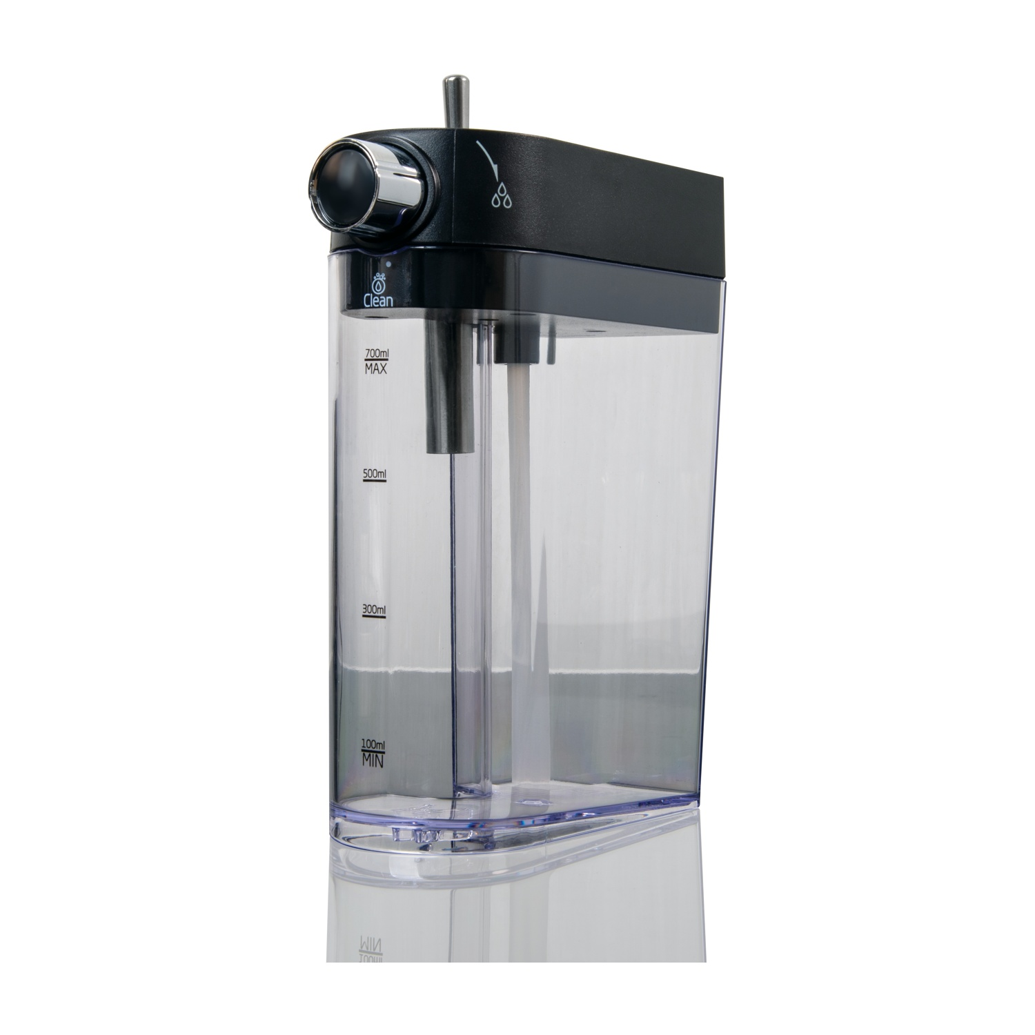 Serbatoio dell'acqua trasparente con parte superiore nera e quadrante. Il serbatoio ha indicatori di volume: 100 ml, 300 ml, 500 ml, 700 ml.