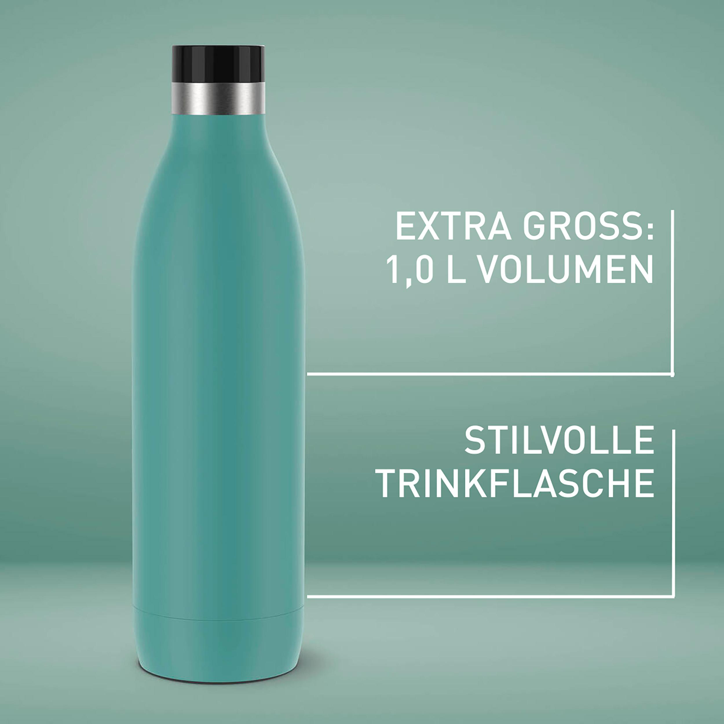 Eine türkisfarbene Wasserflasche mit Text: 'EXTRA GROSS: 1,0 L VOLUMEN' und 'STILLVOLLE TRINKFLASCHE'.