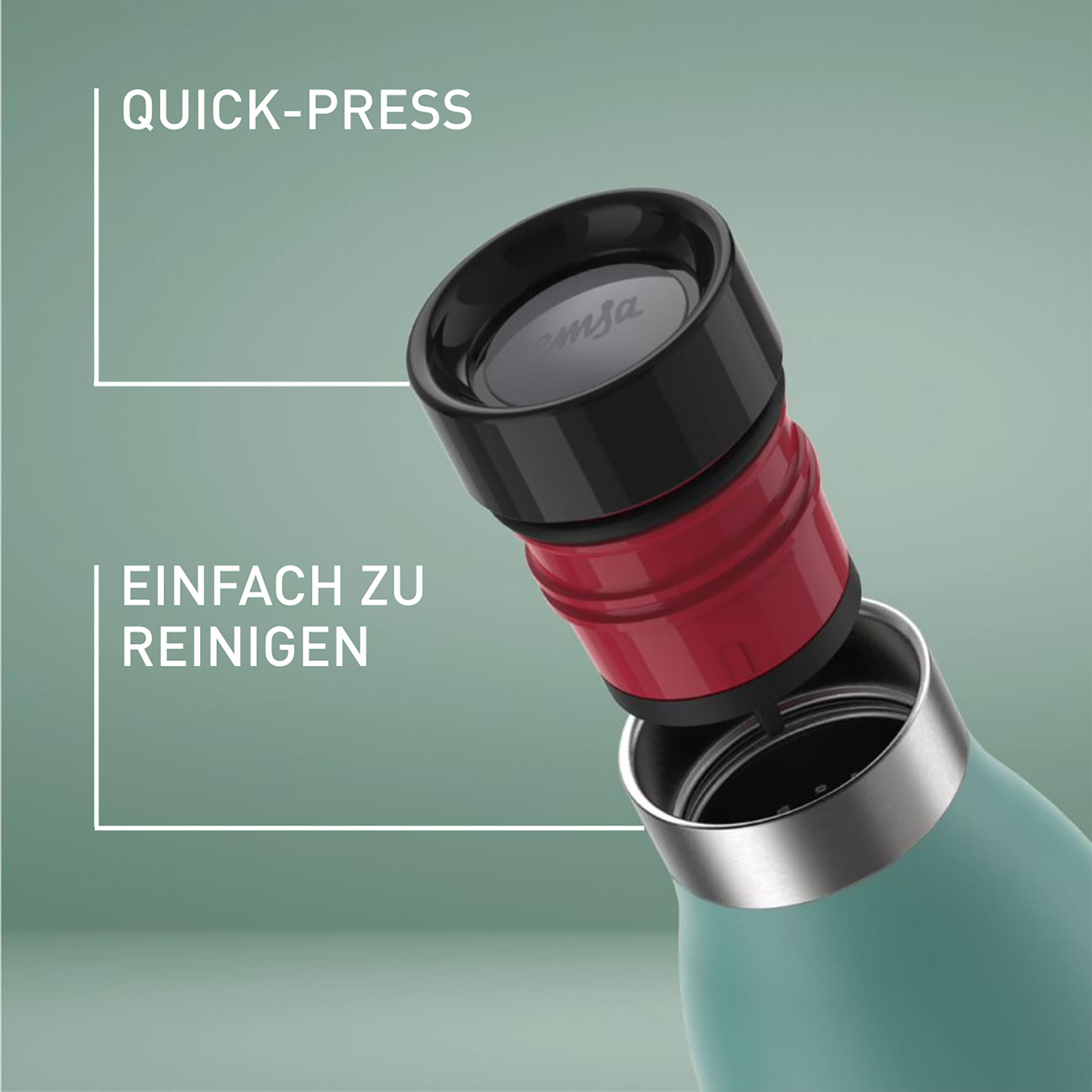 Türkis-Wasserflasche mit rotem und schwarzem Deckel, geöffnet. Text links und oben.