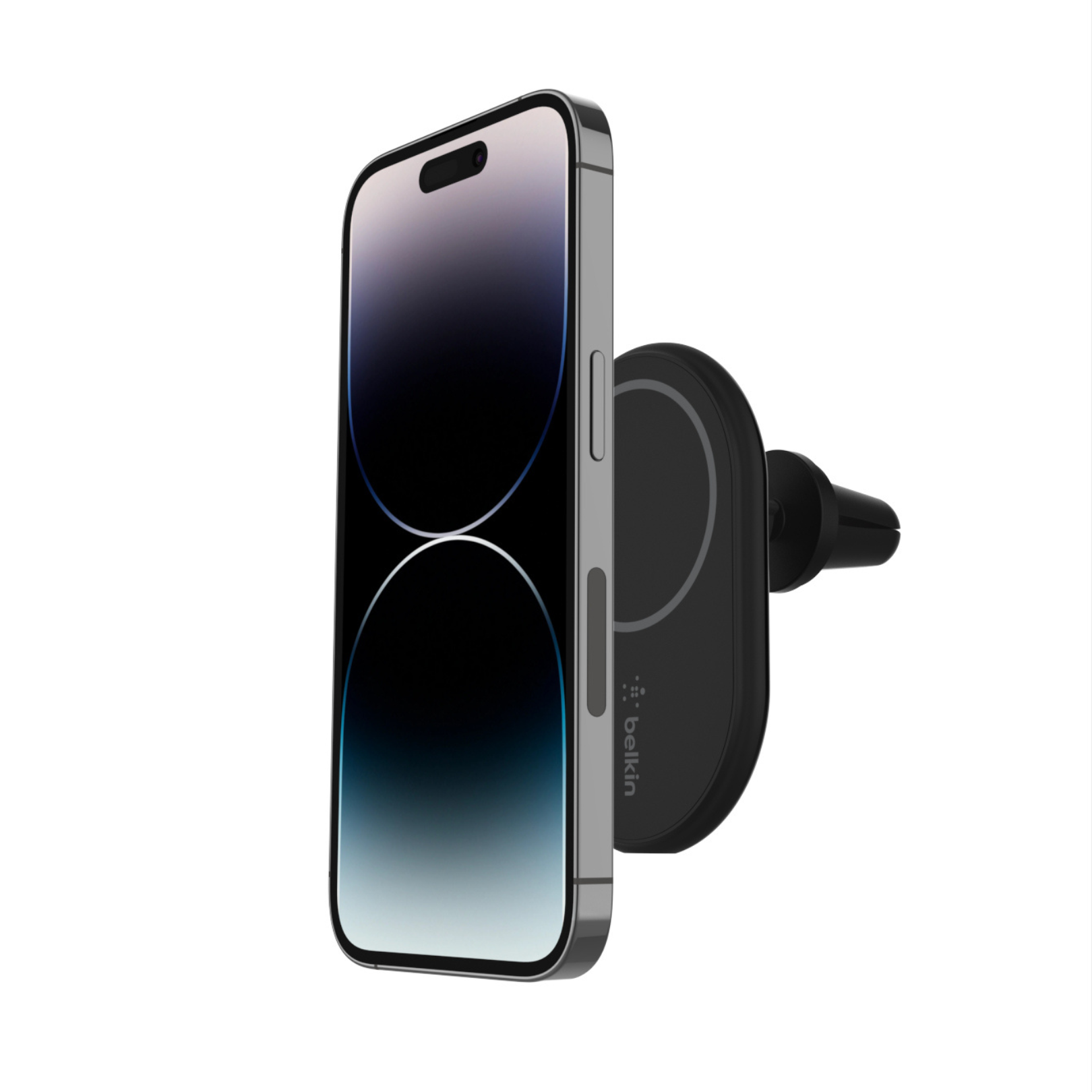 Téléphone fixé à un support d'aération de voiture noir. Le téléphone est noir avec un cadre argenté.