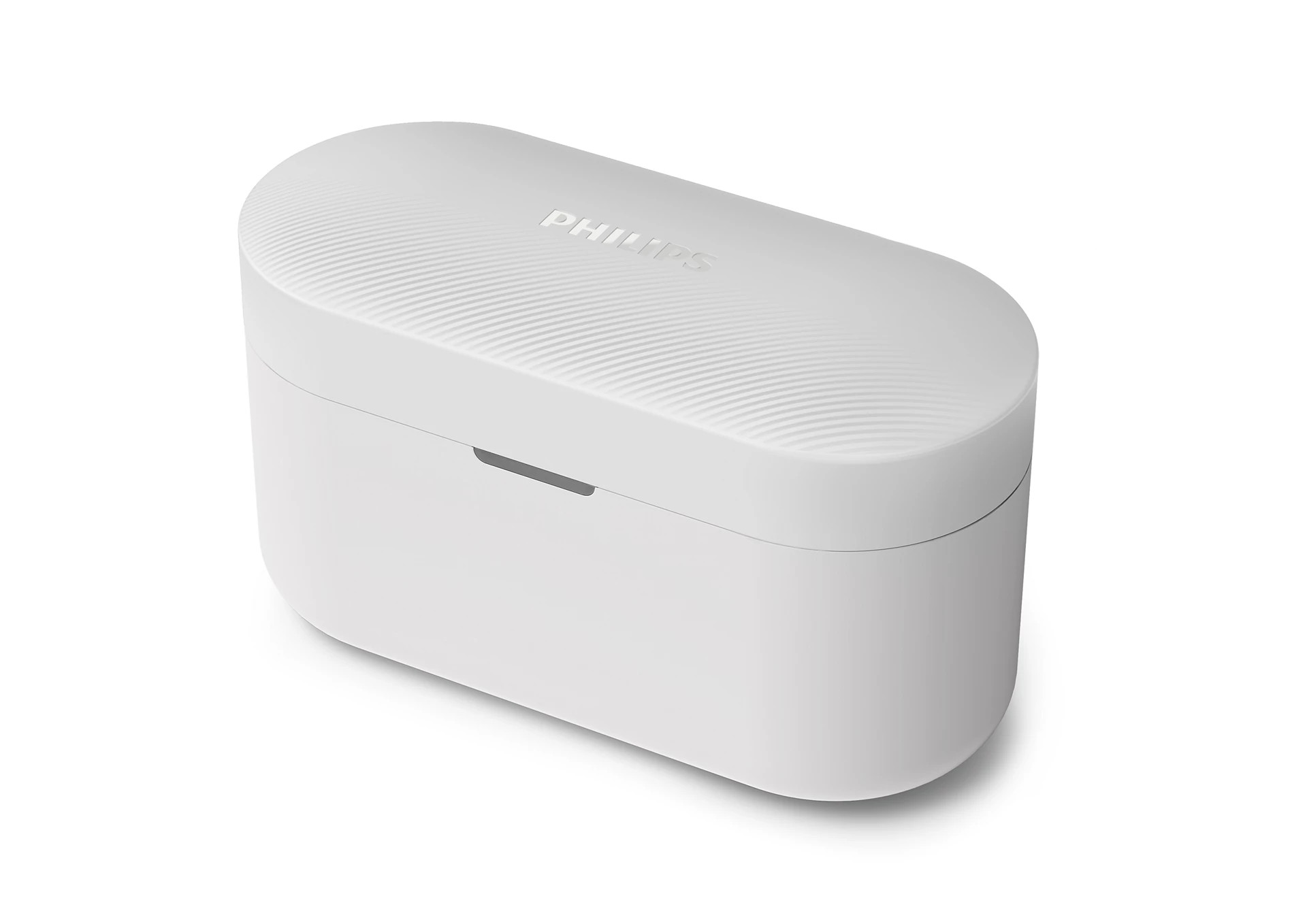Beyaz, oval kulaklık şarj kutusu. Philips markası. Dokulu, oluklu üst yüzey.