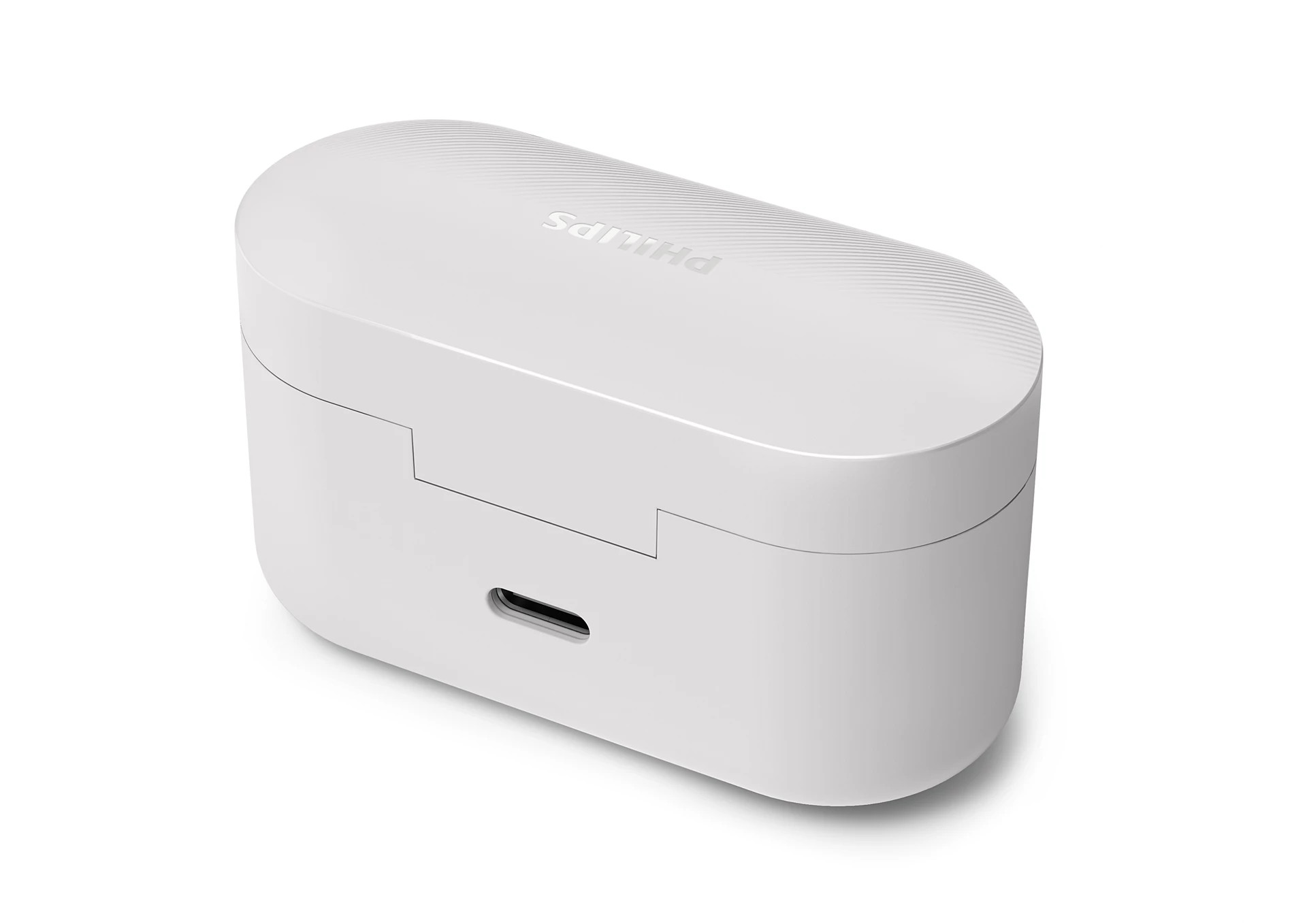 USB-C bağlantı noktasına sahip beyaz bir Philips kulaklık şarj kutusu.
