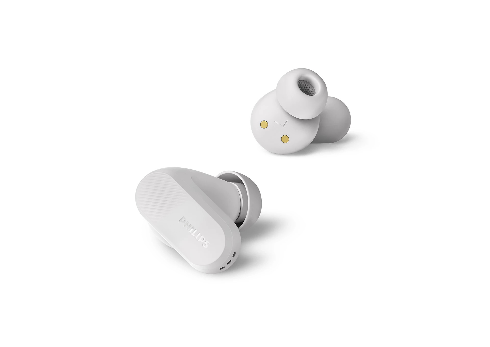 Beyaz zemin üzerinde izole edilmiş, yuvarlak tasarımlı iki beyaz Philips kulaklık.