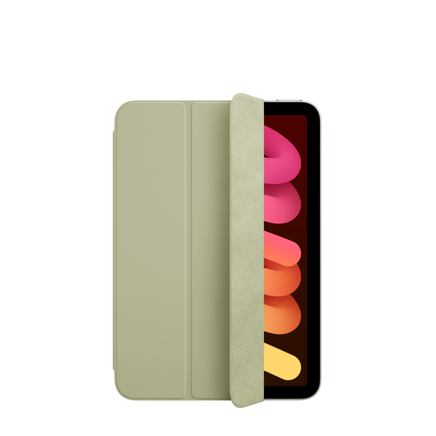An iPad Mini in a green cover, partially opened. The screen shows a colorful design.