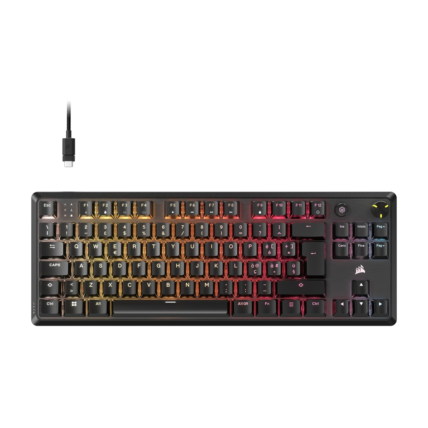 Tastiera nera con tasti multicolore e cavo USB-C collegato.