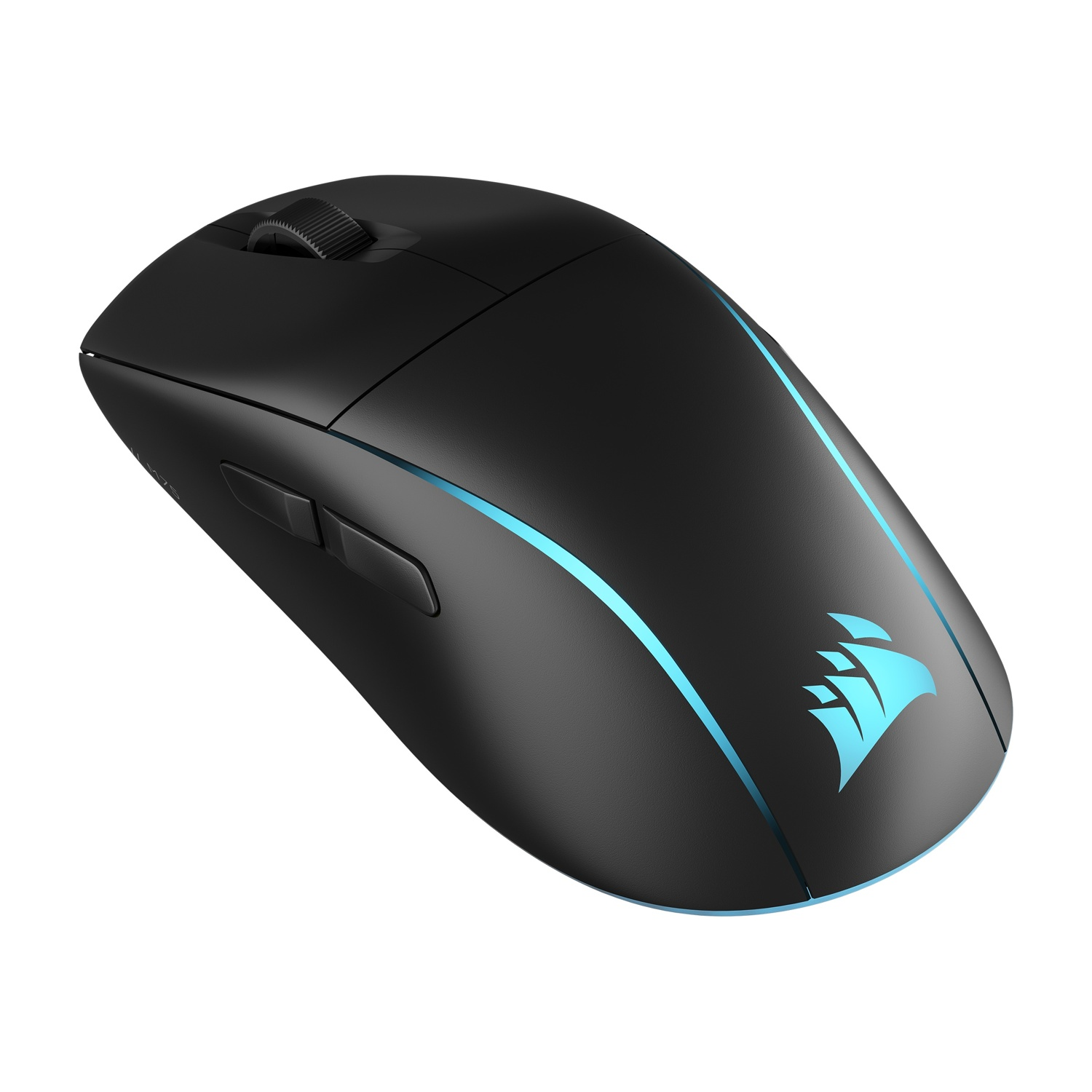 Mouse da gaming Corsair nero con dettagli blu e logo su sfondo bianco.