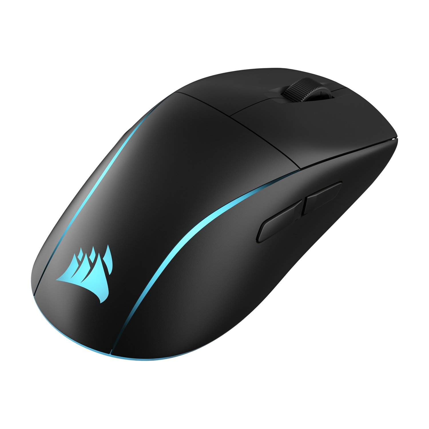 Un mouse da gaming Corsair nero, con accenti di luce blu, su sfondo bianco.