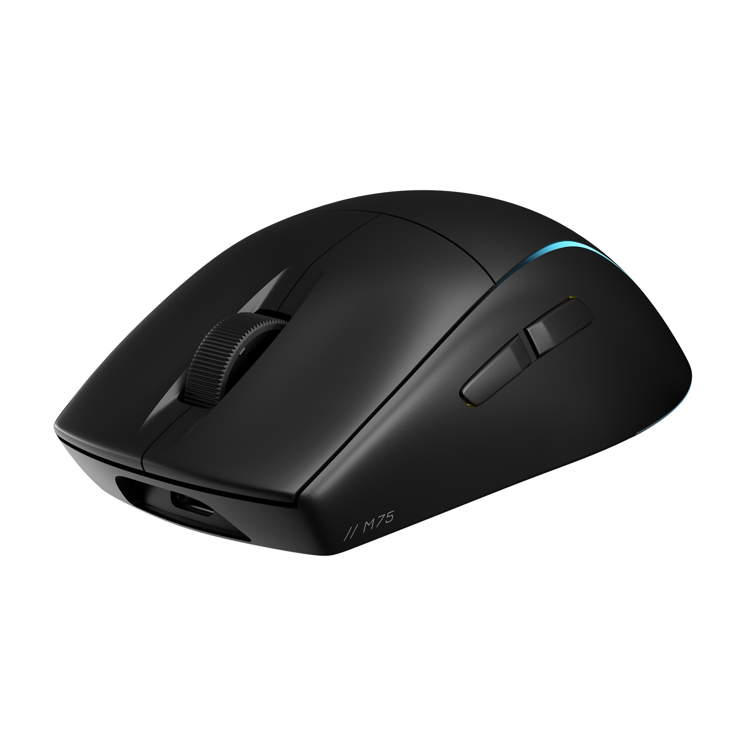 Mouse per computer wireless nero con rotella e pulsanti laterali.